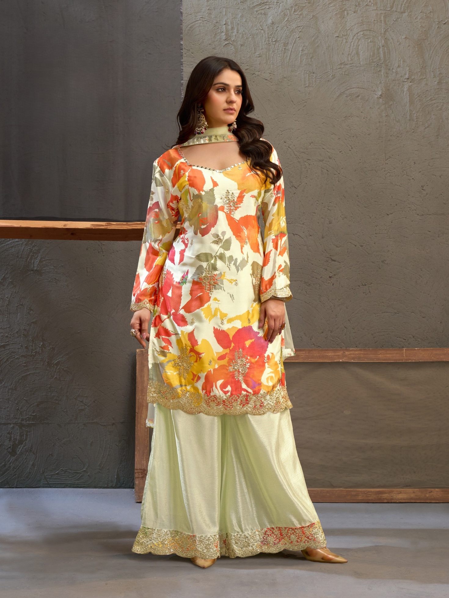 Cream Floral Embroidery Chinon Palazzo Suit