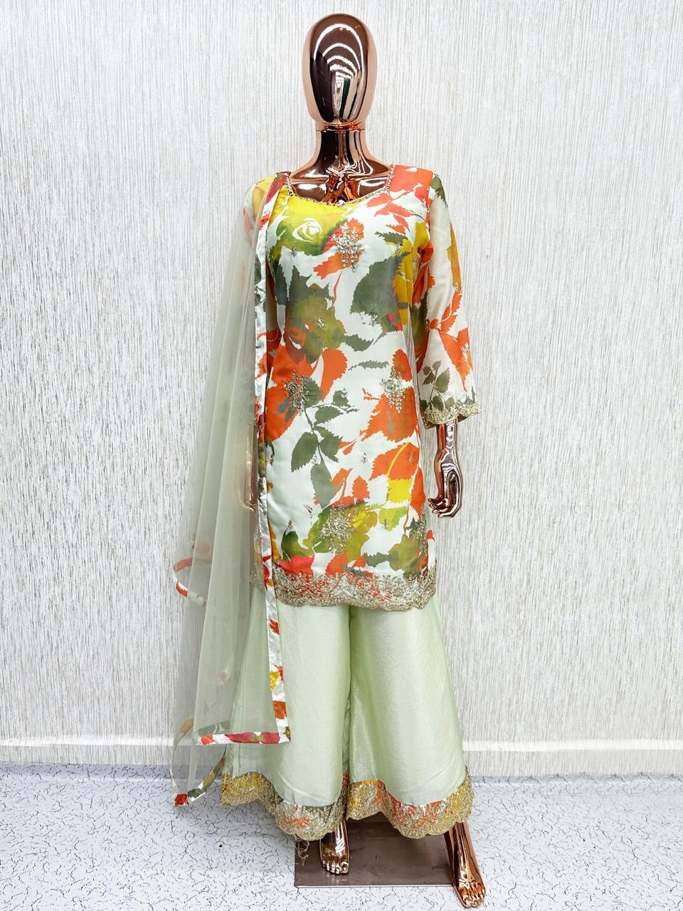Cream Floral Embroidery Chinon Palazzo Suit