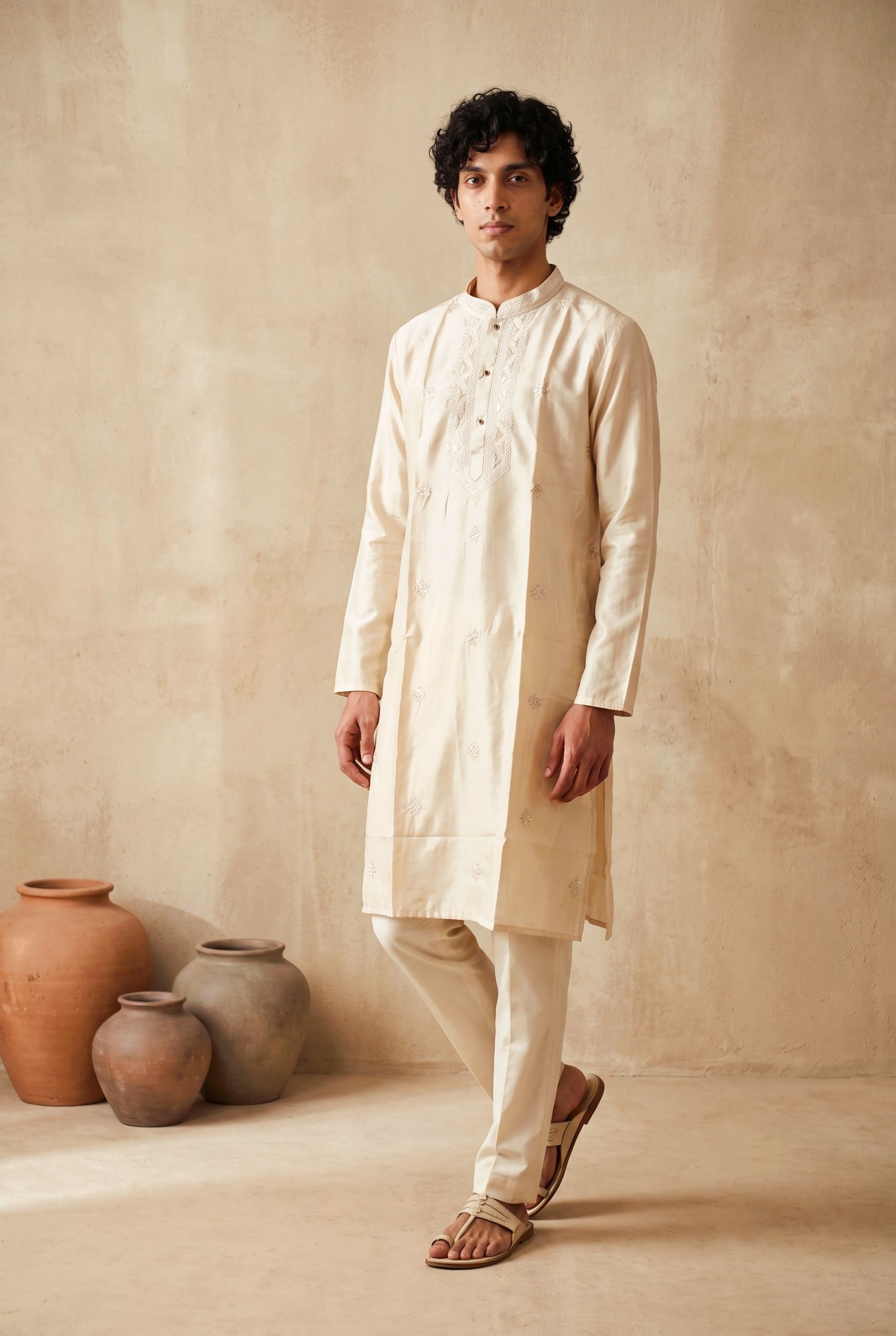 Cream Floral Embroidery Silk Kurta Pyjama