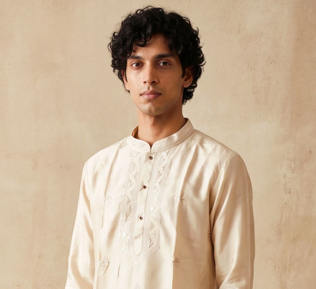 Cream Floral Embroidery Silk Kurta Pyjama
