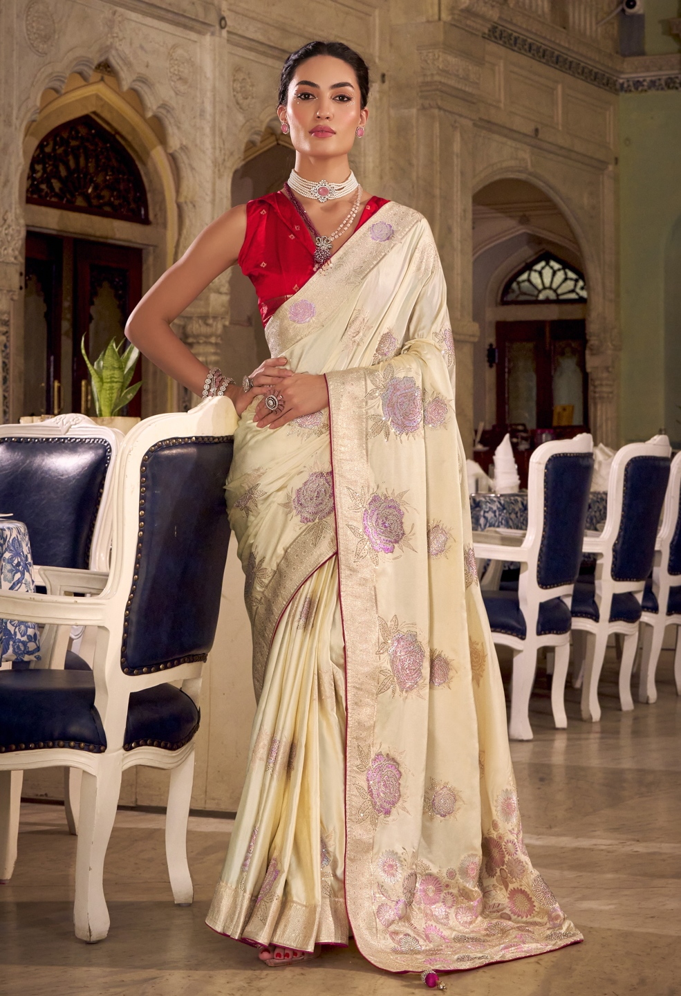 Cream Floral Jacquard Satin Silk Saree