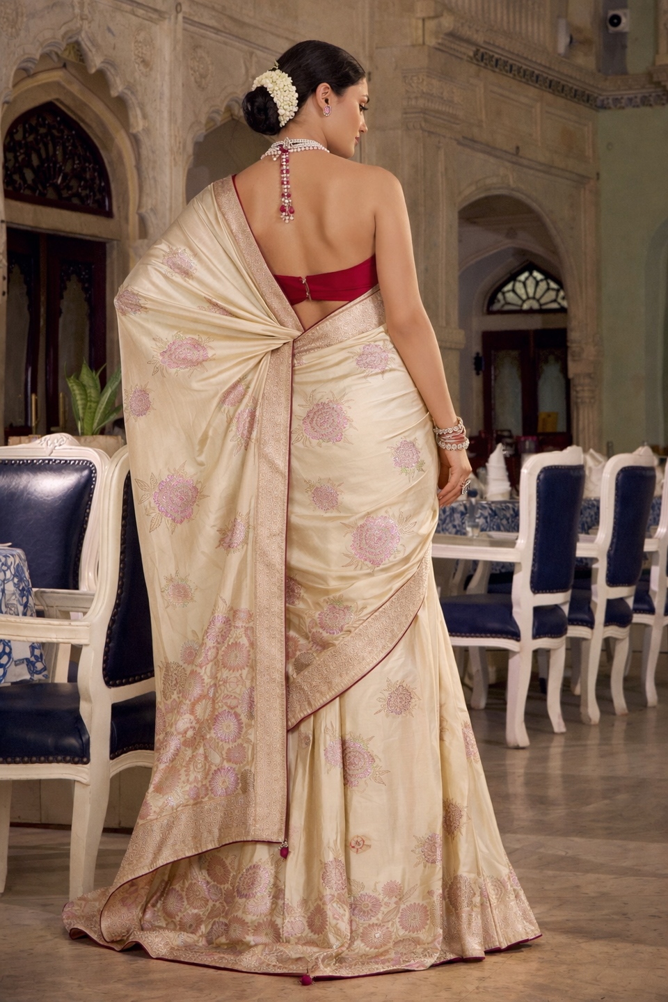 Cream Floral Jacquard Satin Silk Saree — alternate view