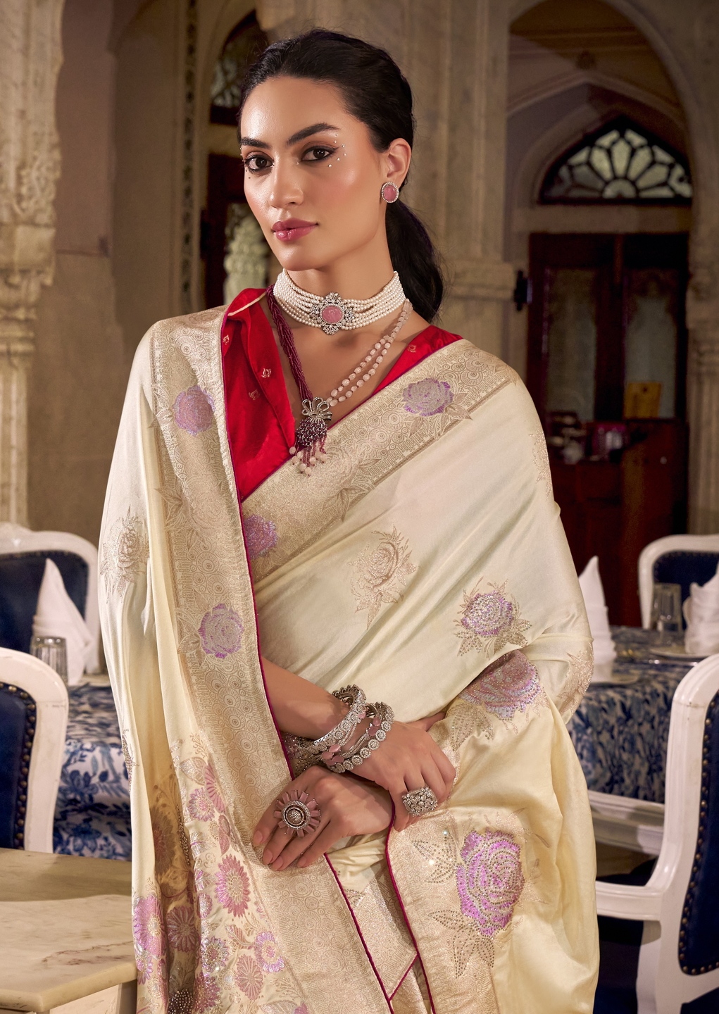 Cream Floral Jacquard Satin Silk Saree