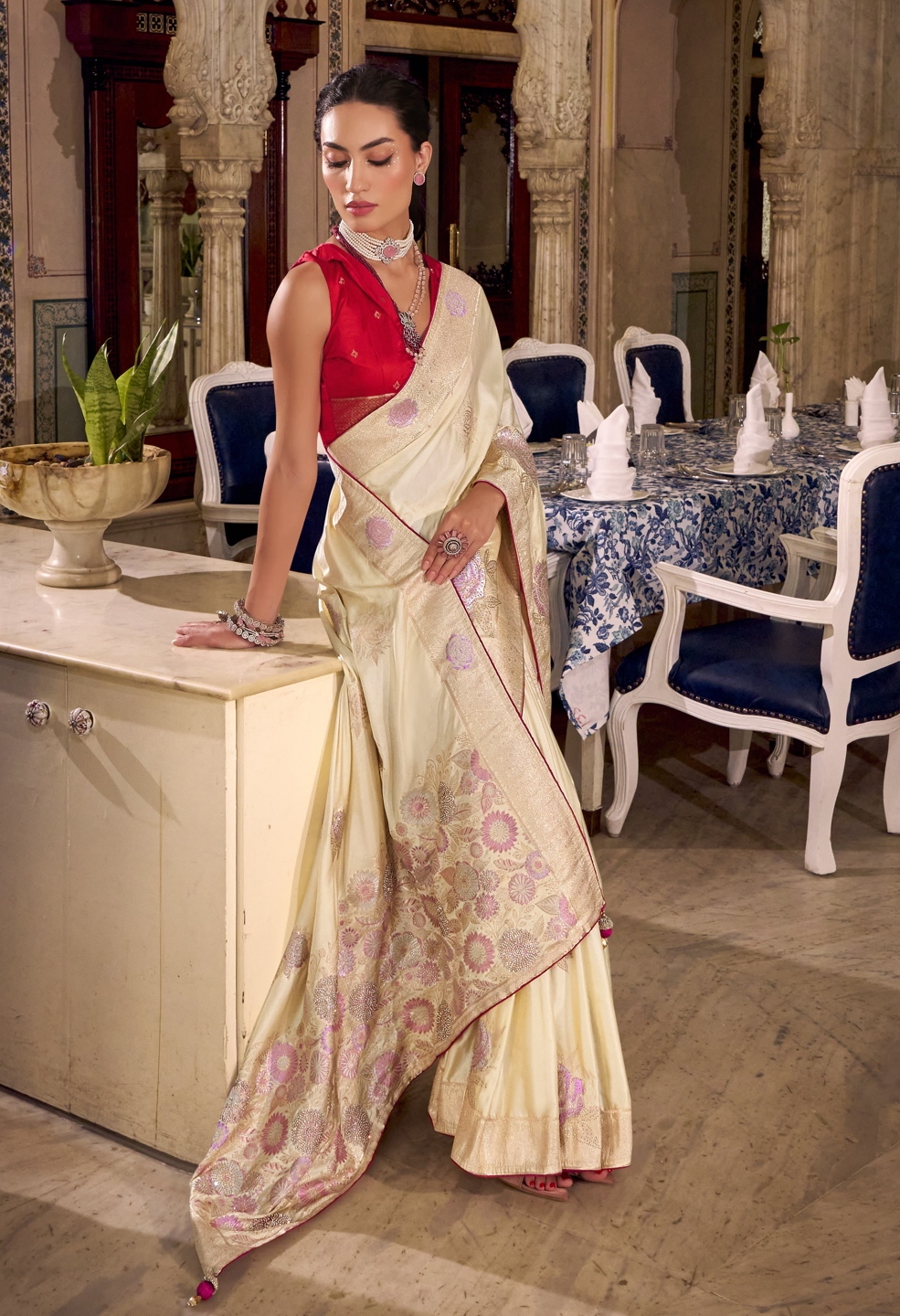 Cream Floral Jacquard Satin Silk Saree