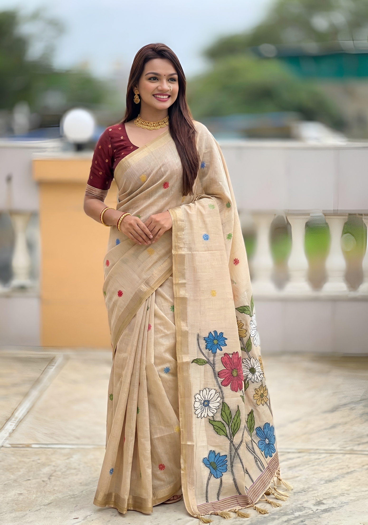 Cream Floral Meenakari Woven Cotton Silk Saree