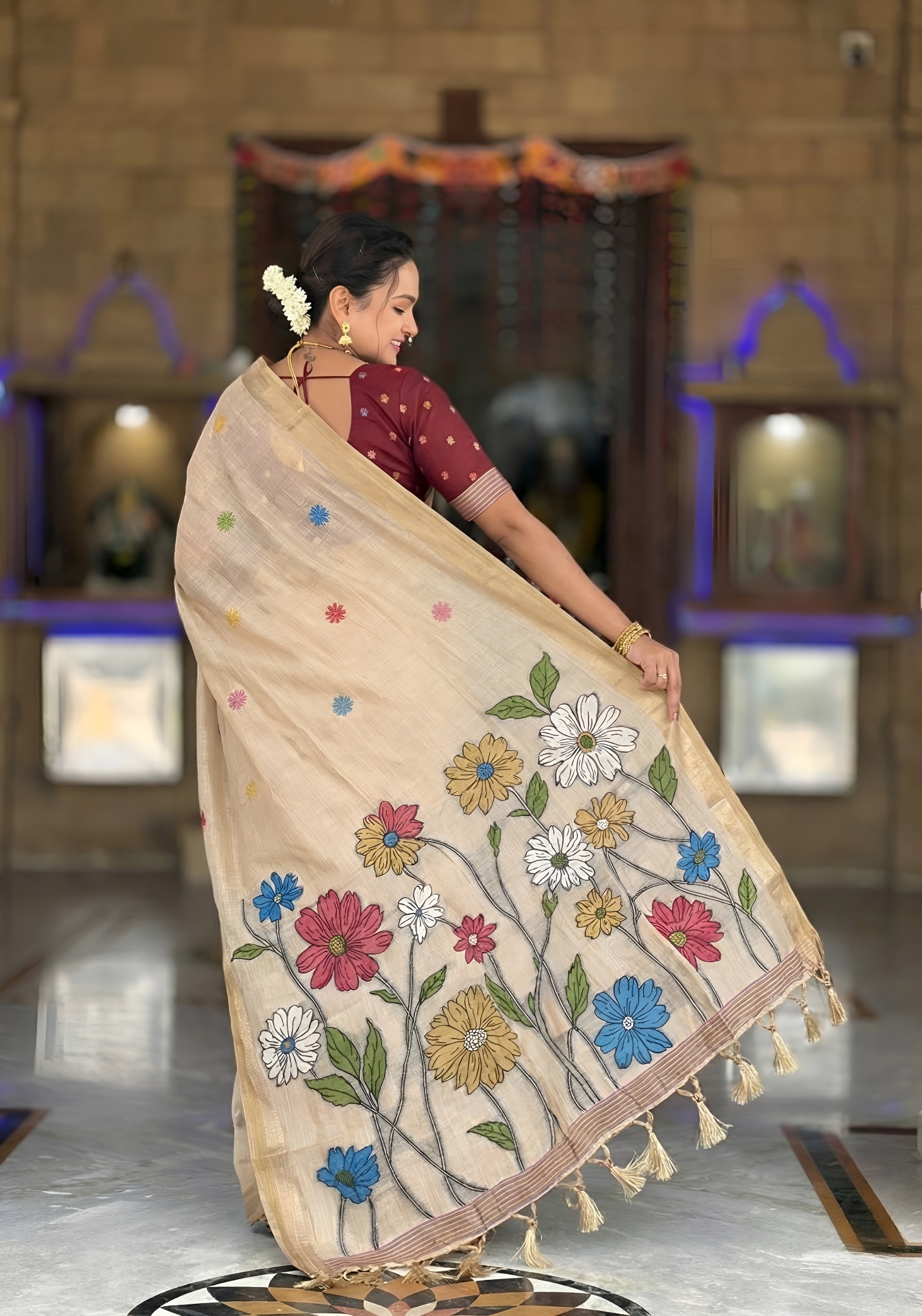 Cream Floral Meenakari Woven Cotton Silk Saree — alternate view