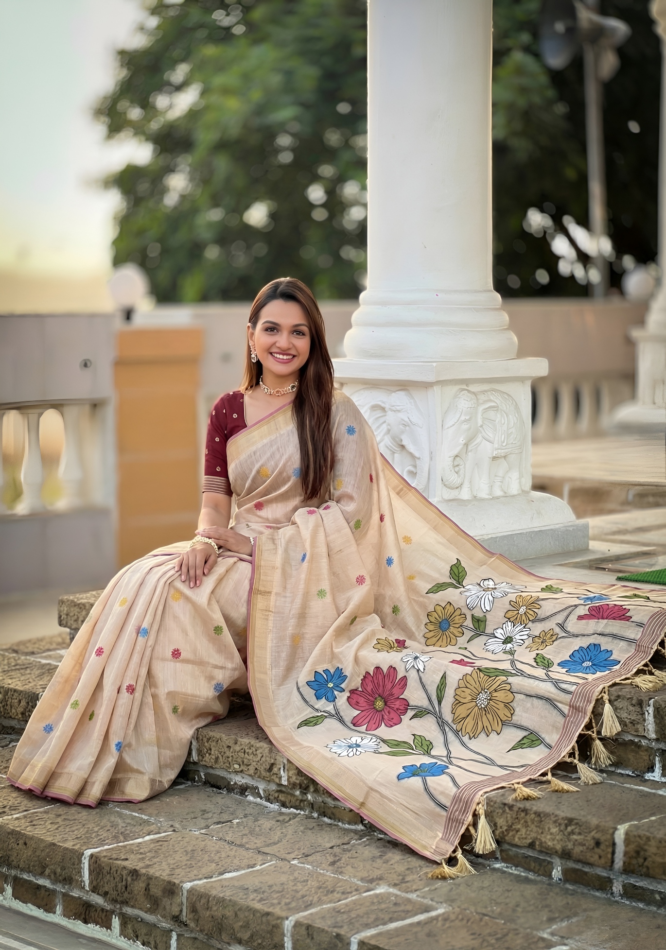 Cream Floral Meenakari Woven Cotton Silk Saree