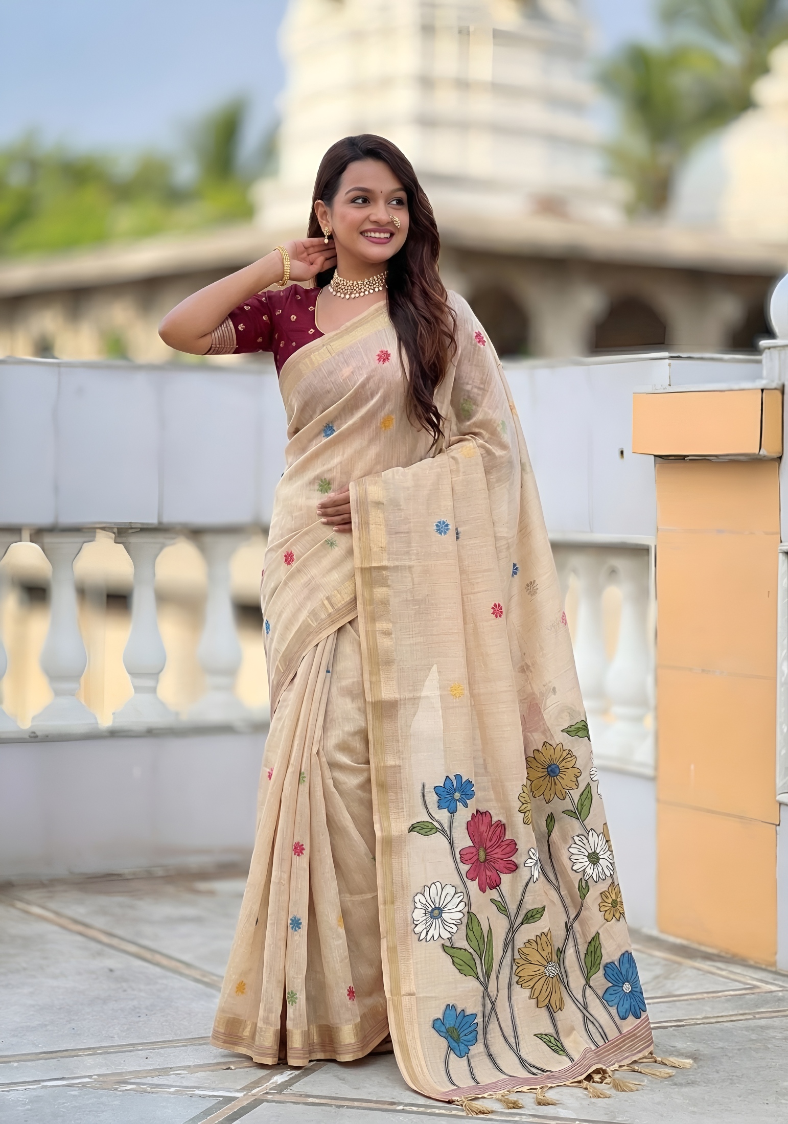 Cream Floral Meenakari Woven Cotton Silk Saree