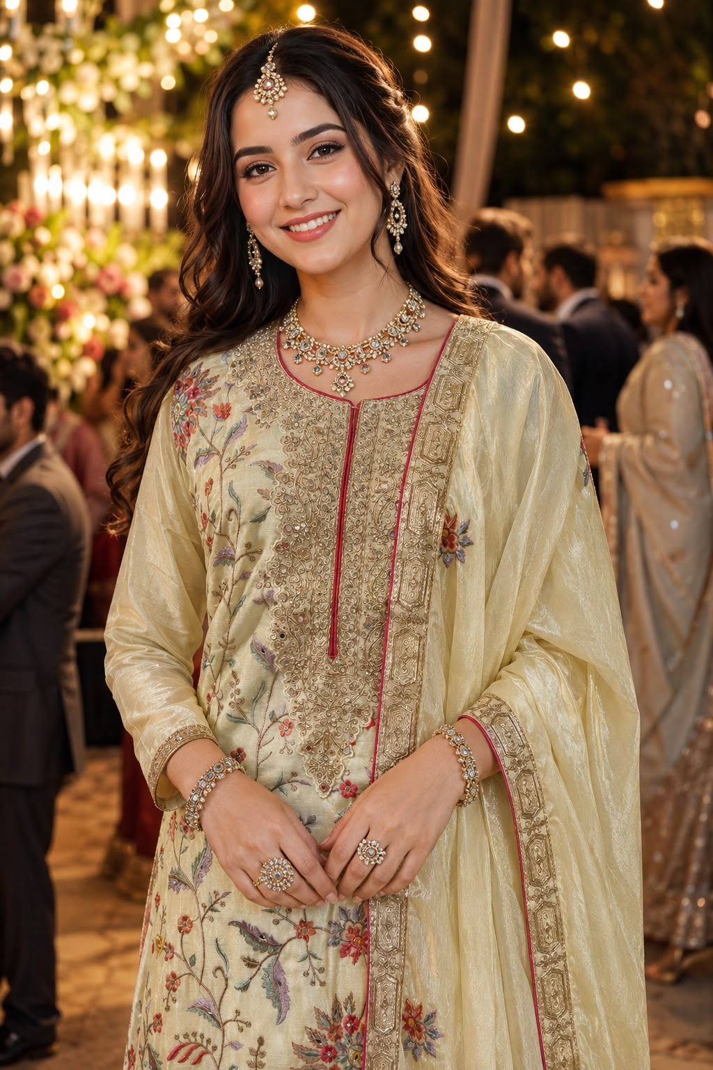 Cream Floral Mirror Work Chinon Palazzo Suit — alternate view