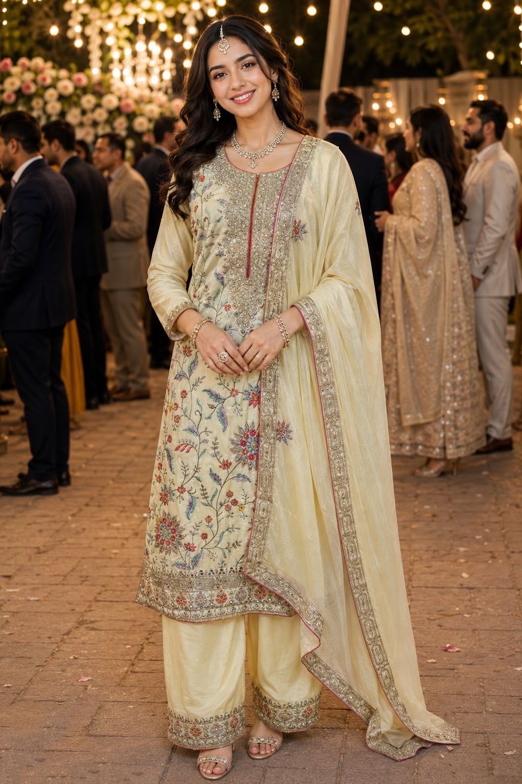 Cream Floral Mirror Work Chinon Palazzo Suit