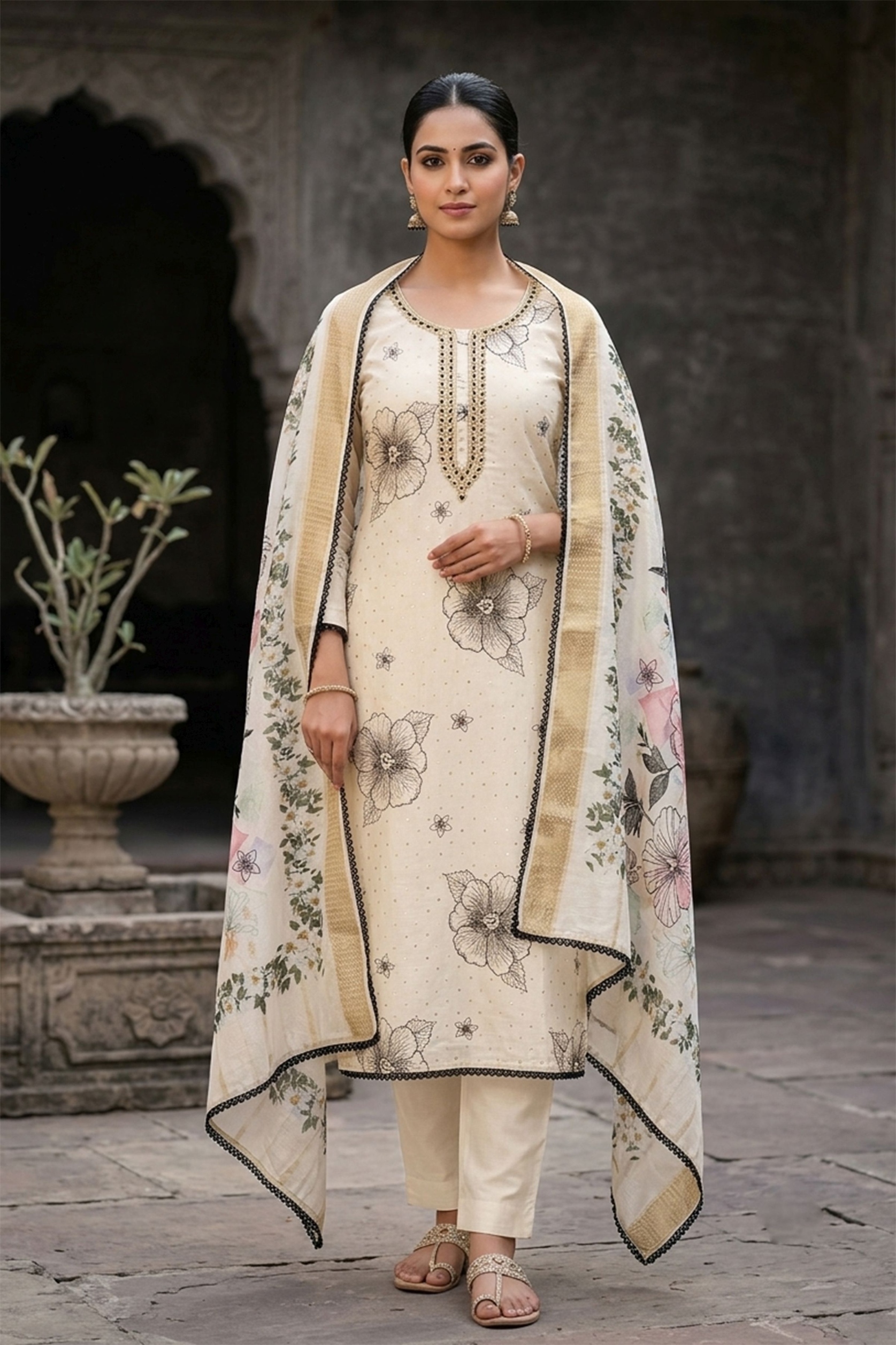 Cream Floral Modal Cotton Straight Suit