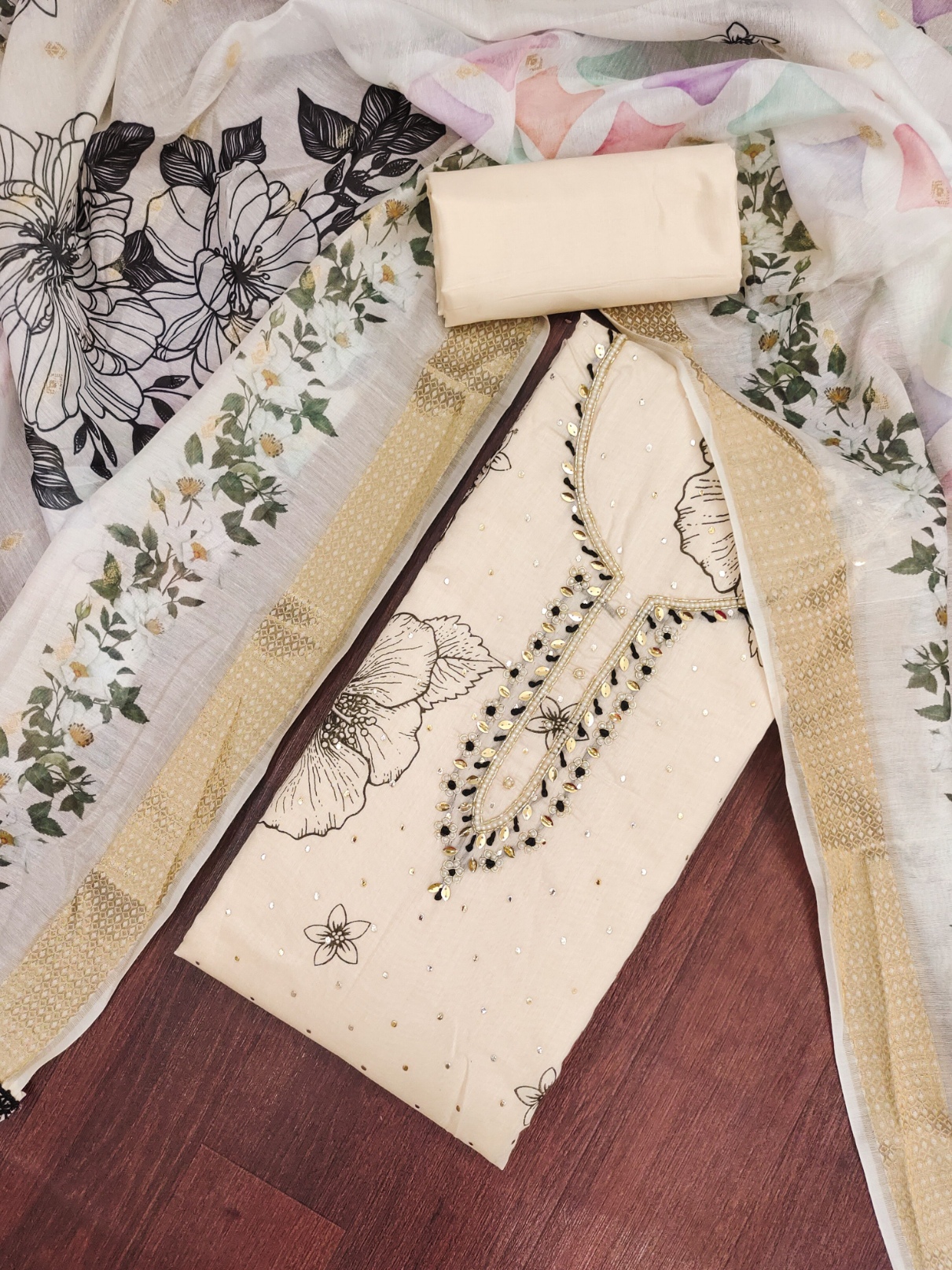 Cream Floral Modal Cotton Straight Suit
