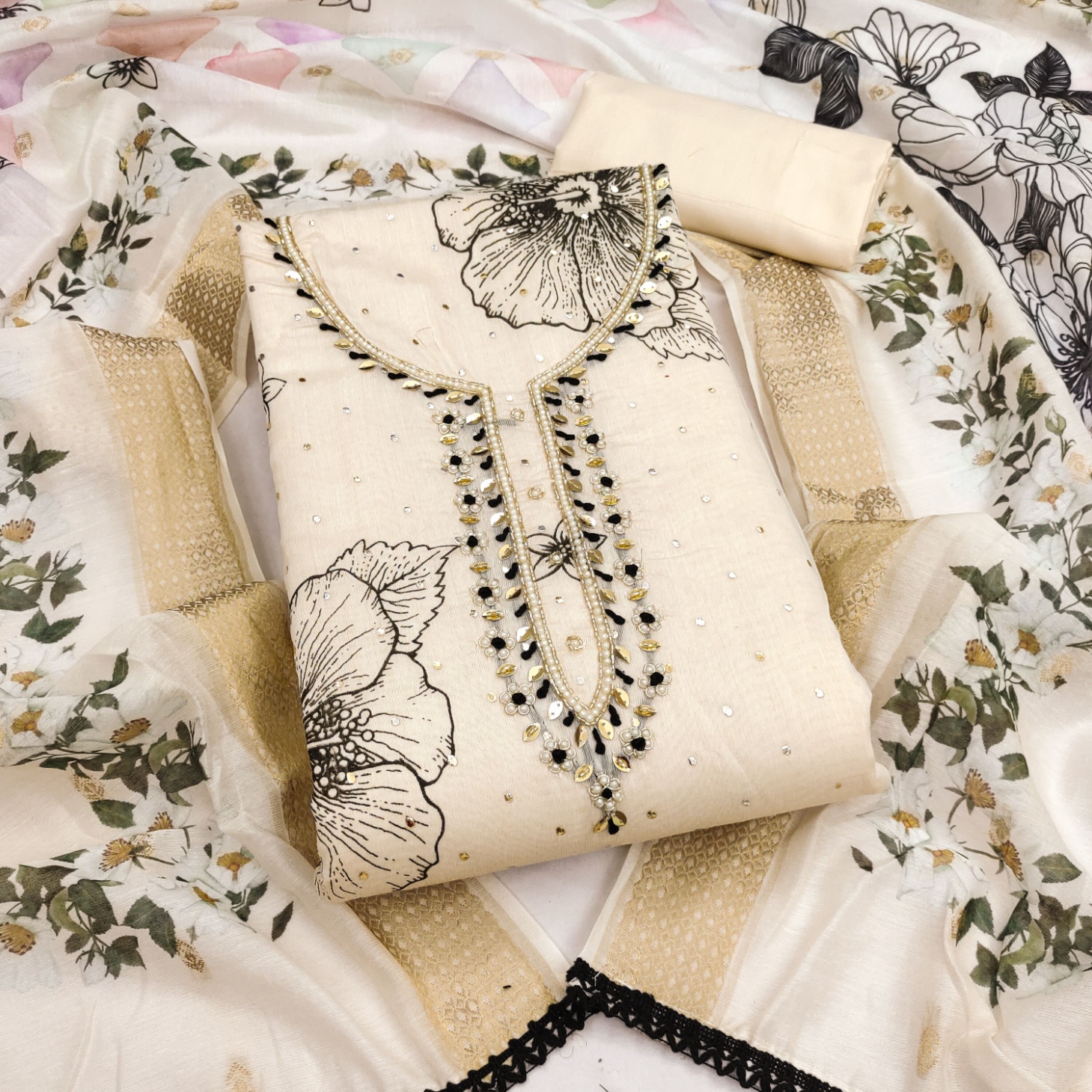 Cream Floral Modal Cotton Straight Suit