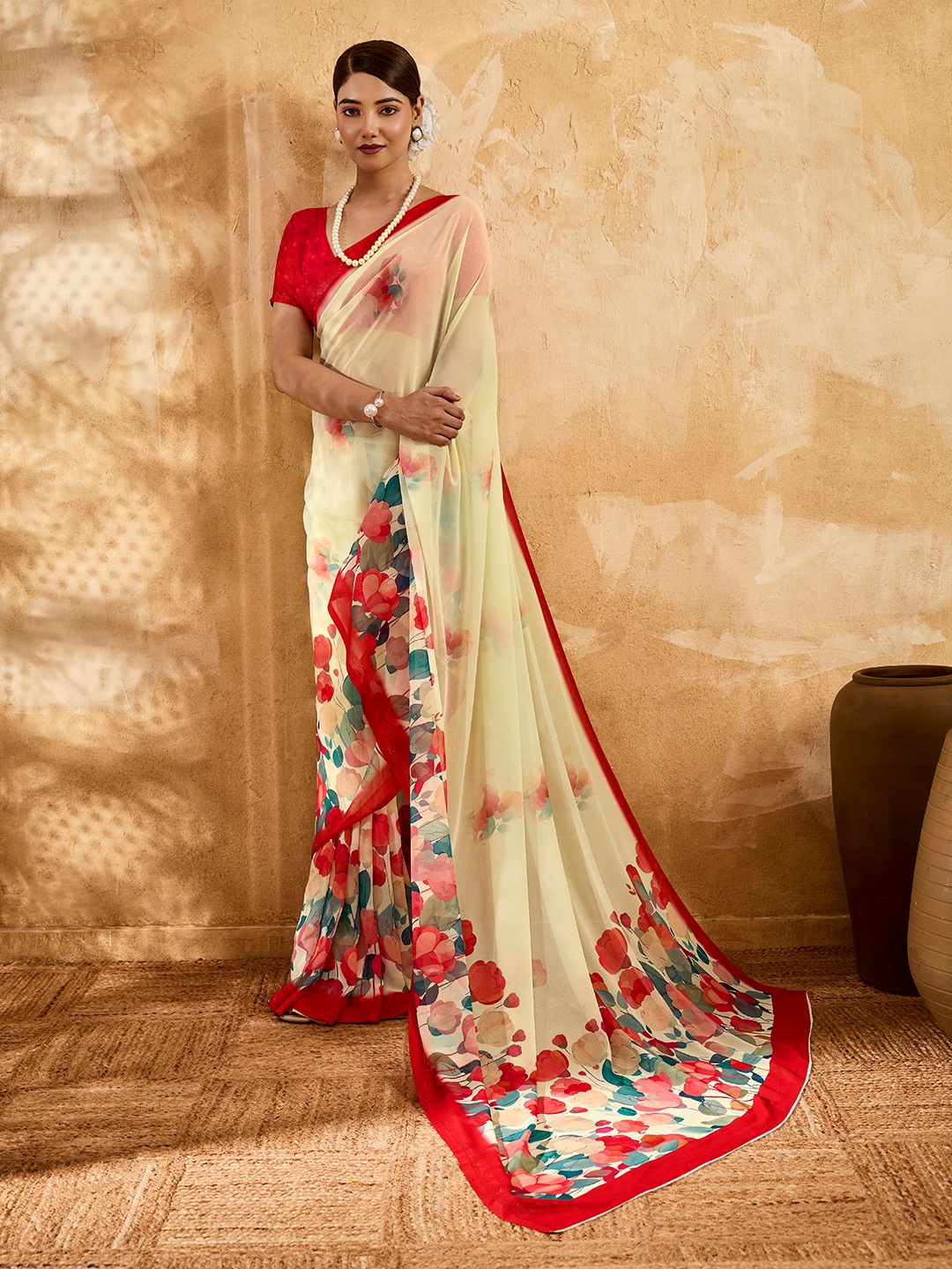 Cream Floral Printed Chiffon Saree