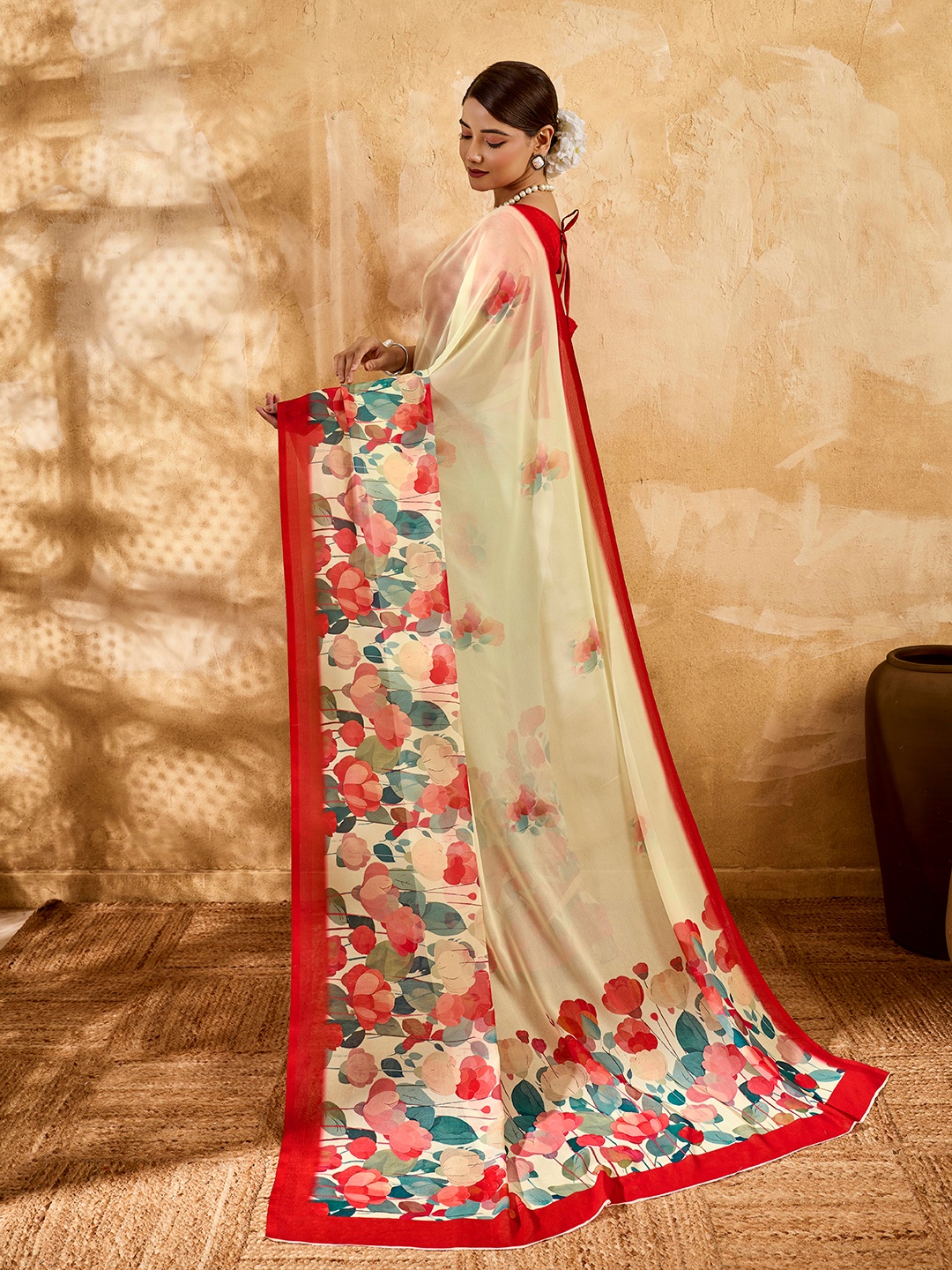 Cream Floral Printed Chiffon Saree — alternate view