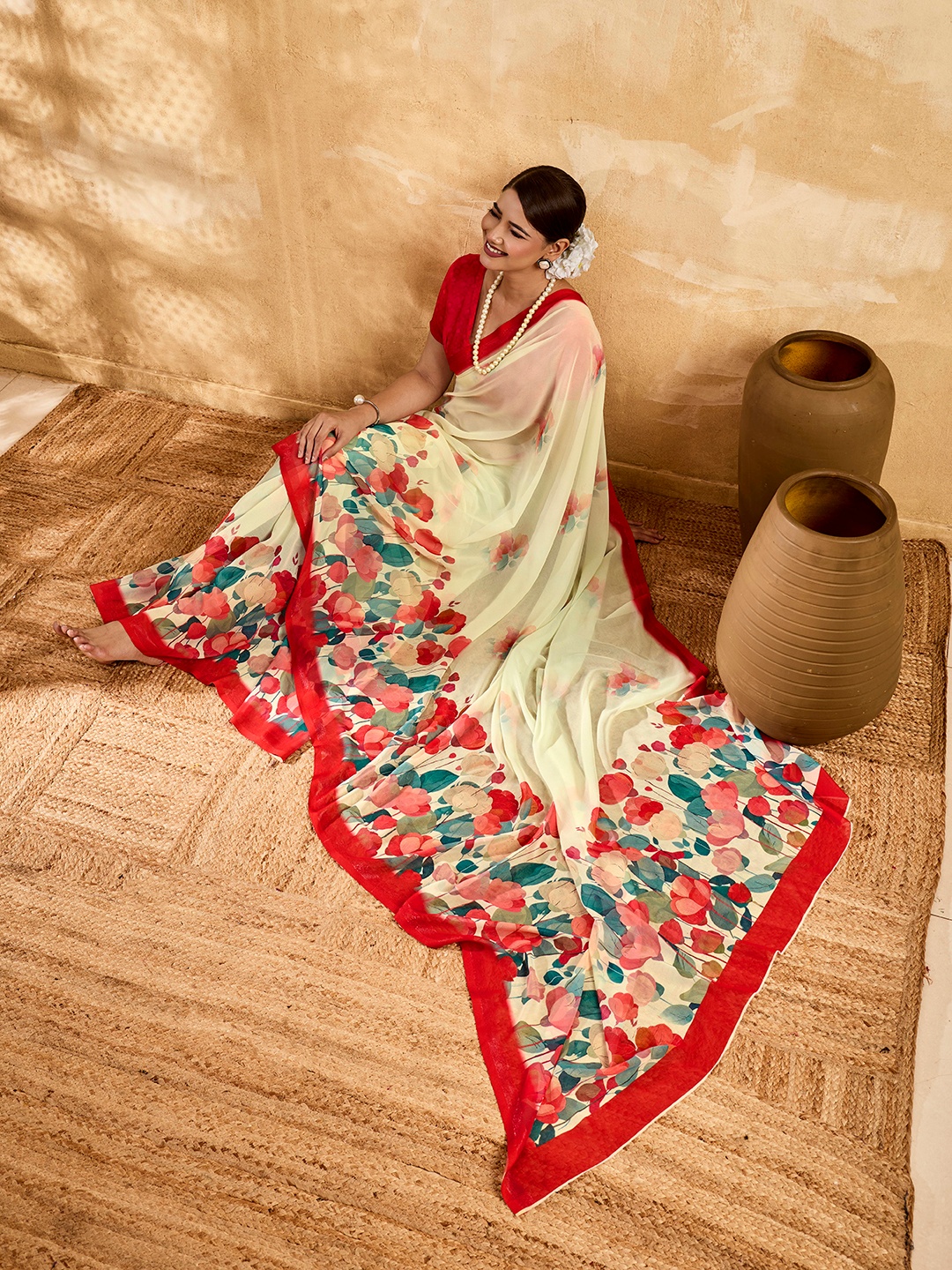 Cream Floral Printed Chiffon Saree