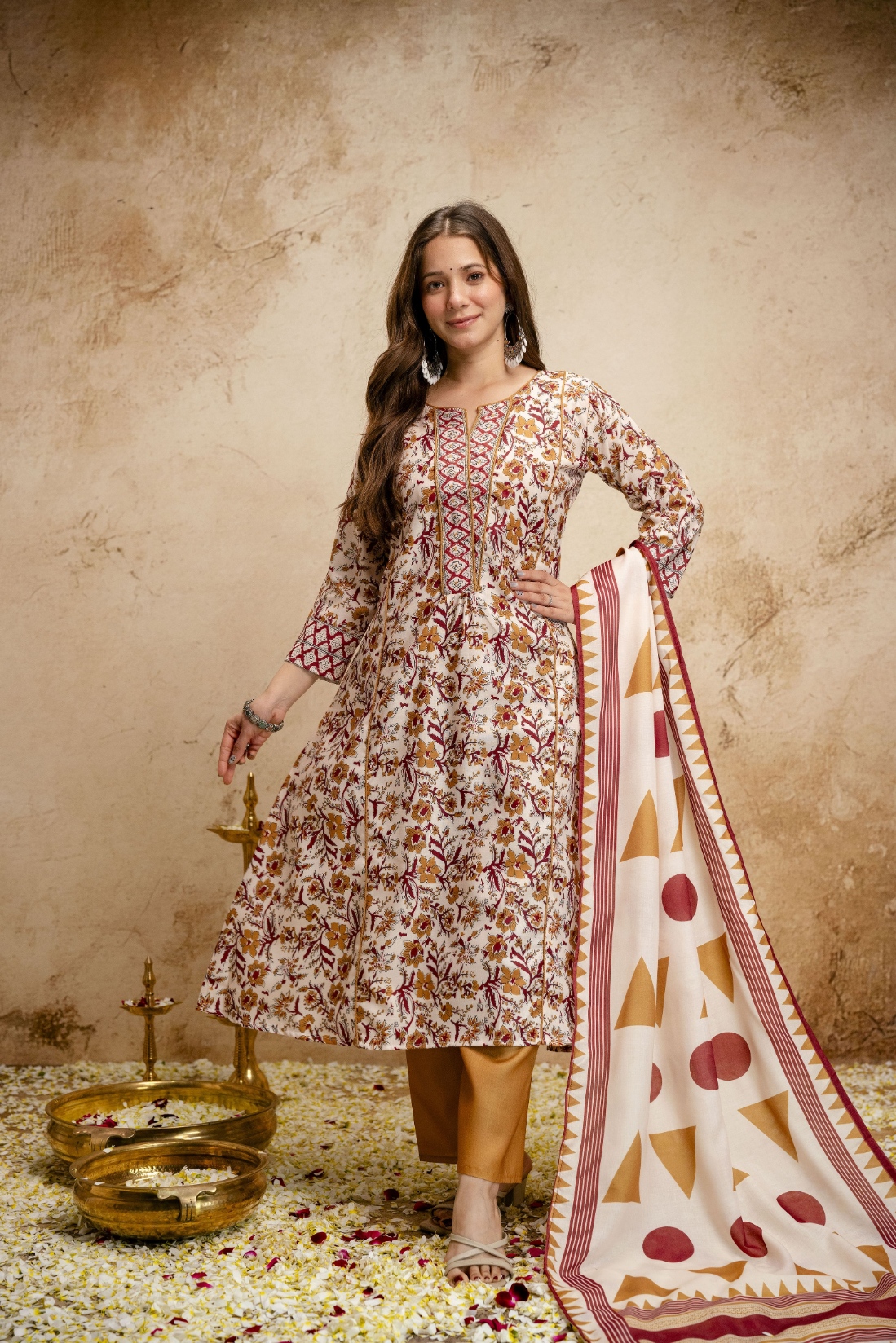 Cream Floral Printed Cotton Anarkali Suit