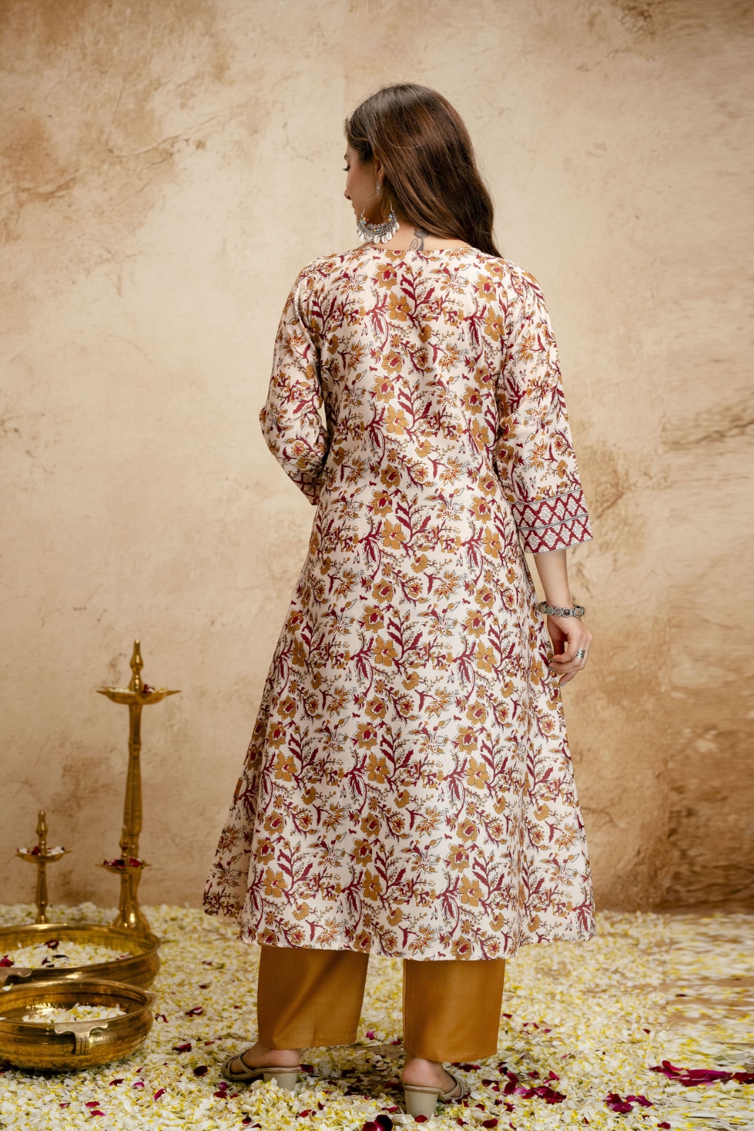 Cream Floral Printed Cotton Anarkali Suit — alternate view