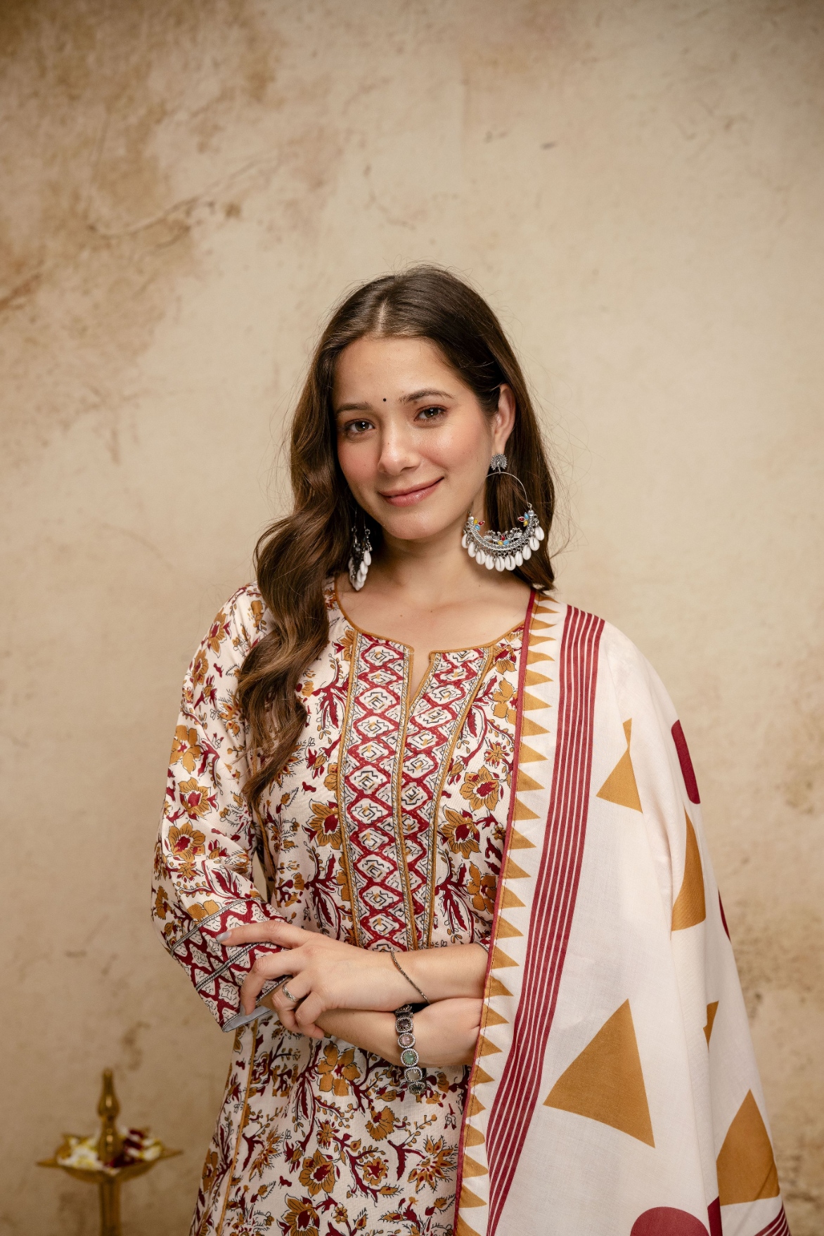 Cream Floral Printed Cotton Anarkali Suit