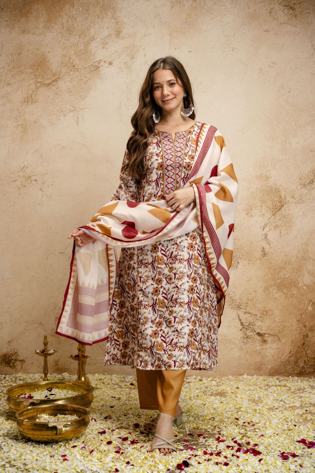 Cream Floral Printed Cotton Anarkali Suit