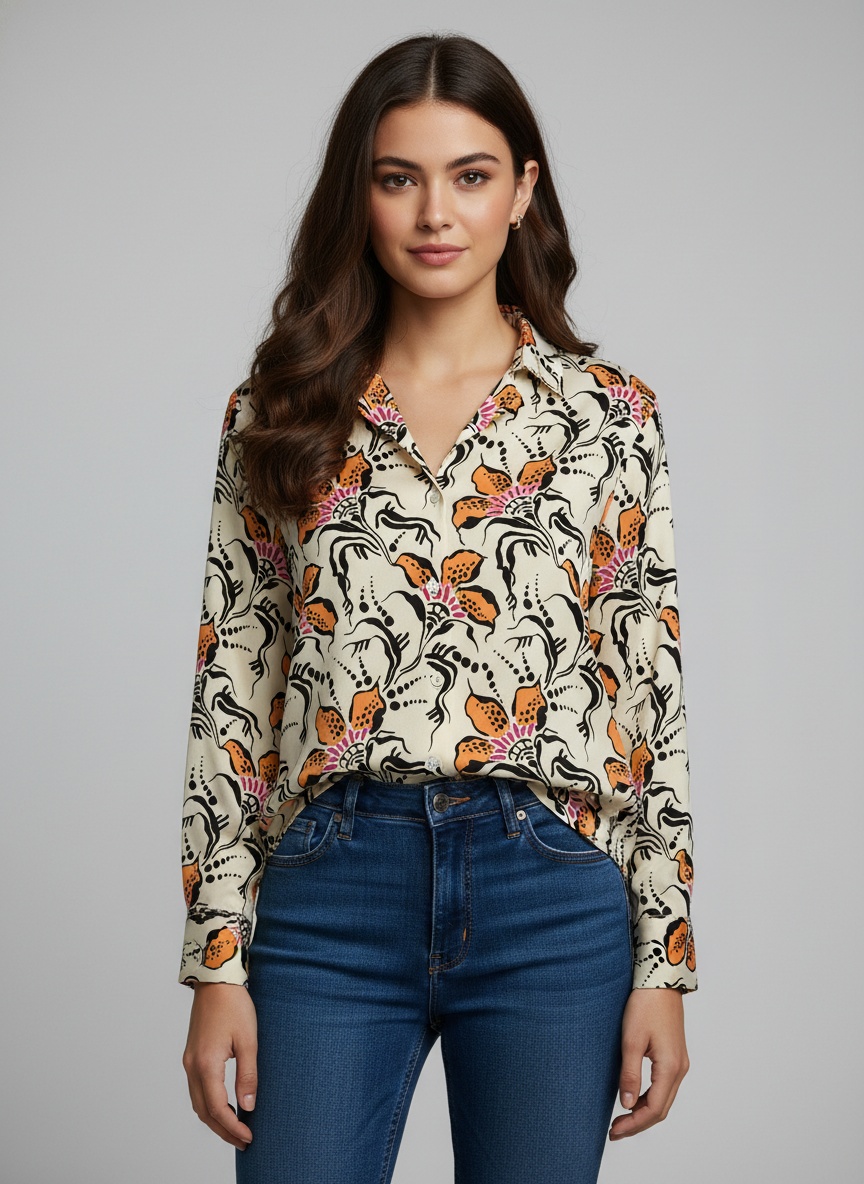 Cream Floral Printed Crepe Casual Shirt