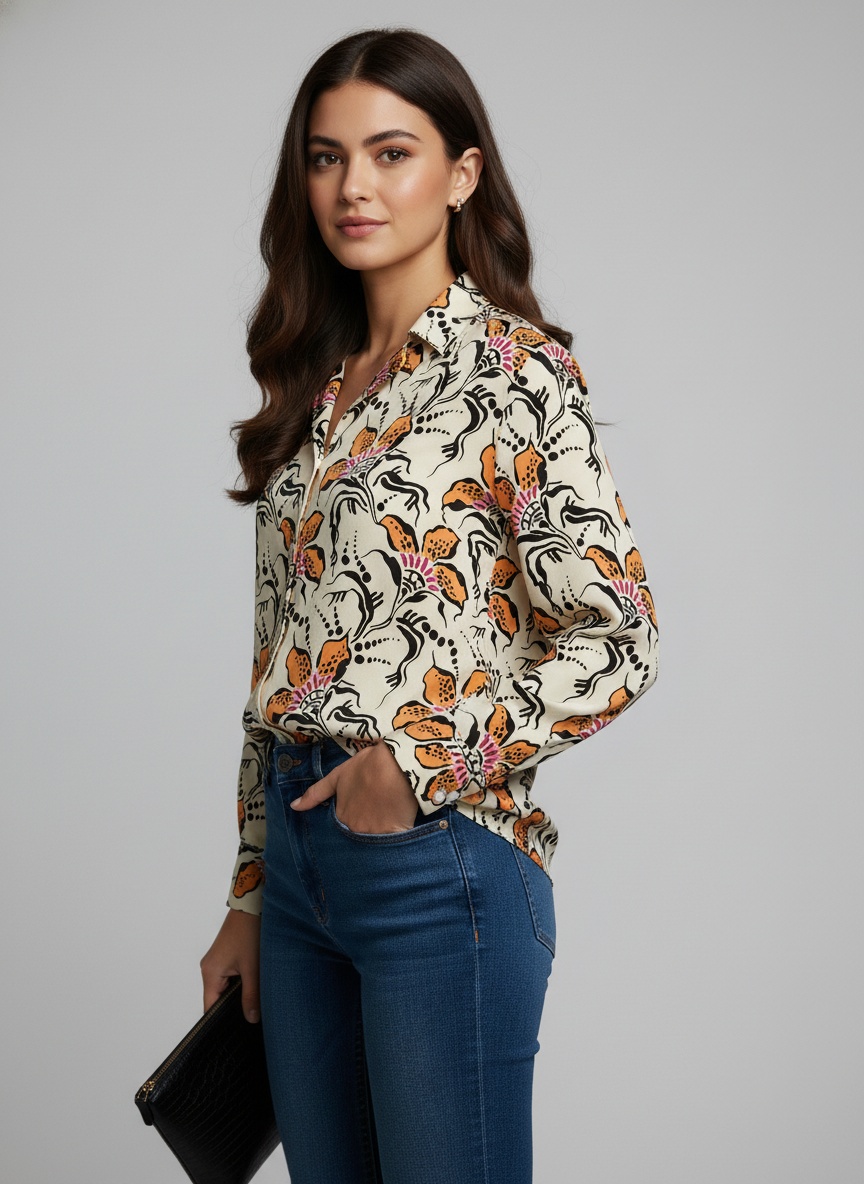 Cream Floral Printed Crepe Casual Shirt