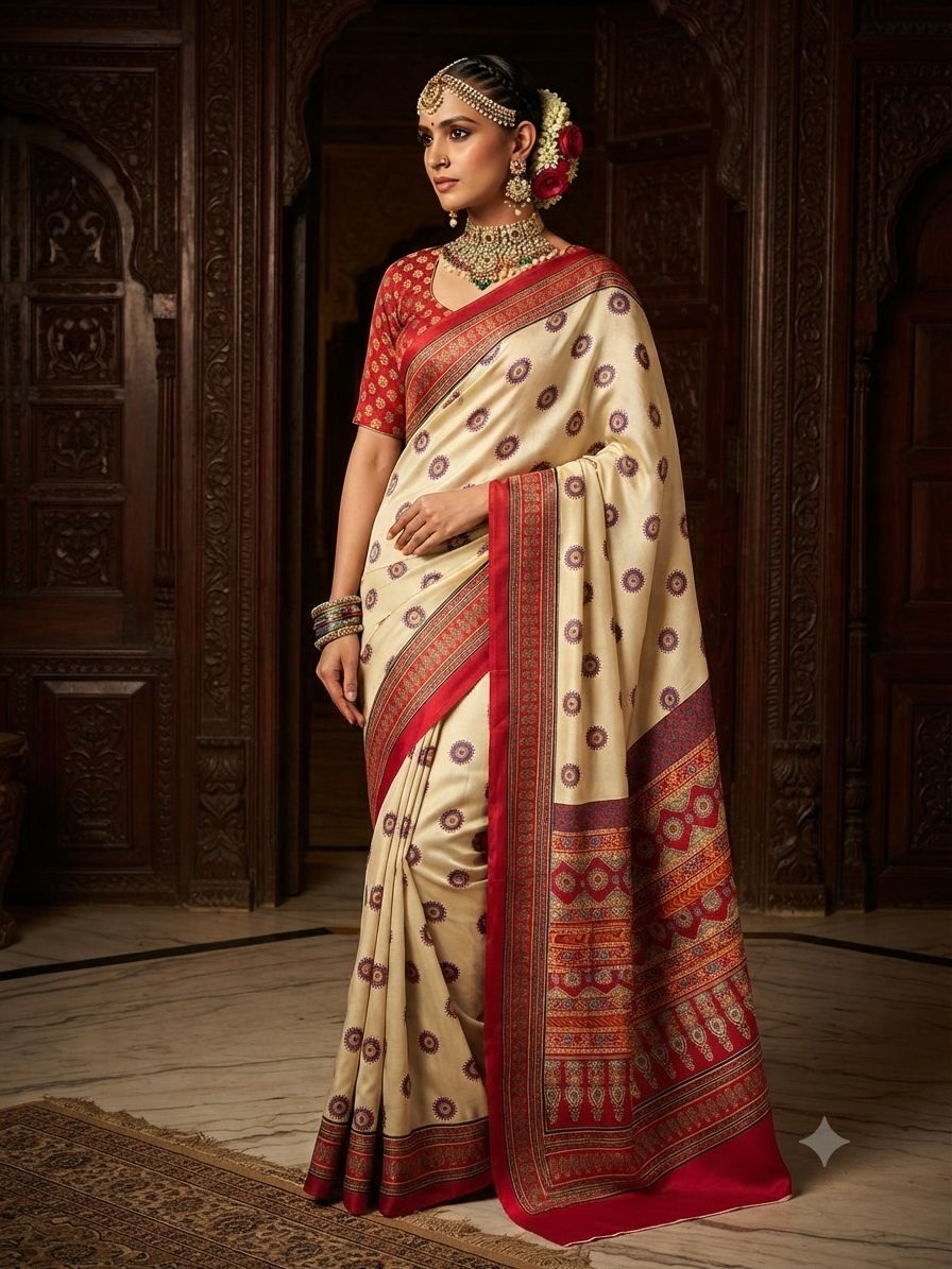 Cream Floral Printed Crepe Silk Saree