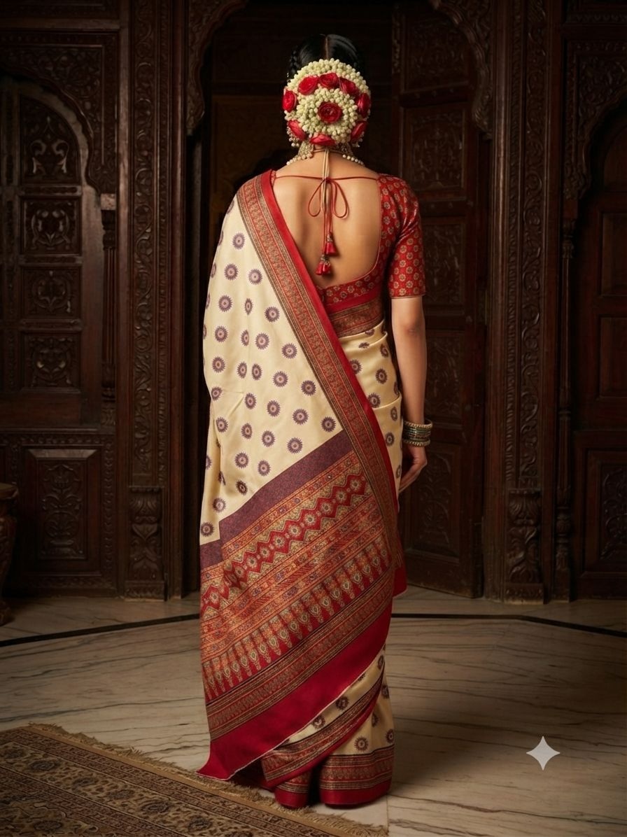 Cream Floral Printed Crepe Silk Saree — alternate view
