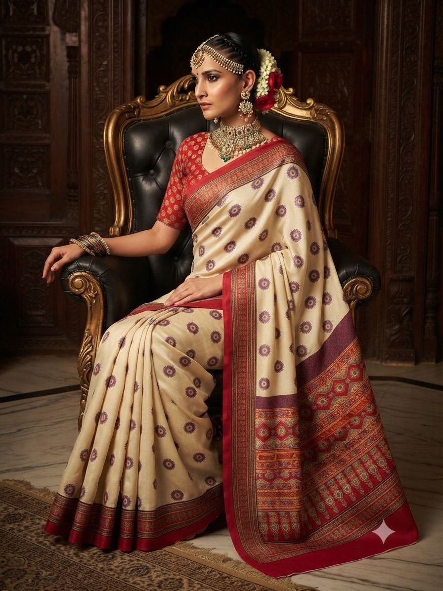Cream Floral Printed Crepe Silk Saree