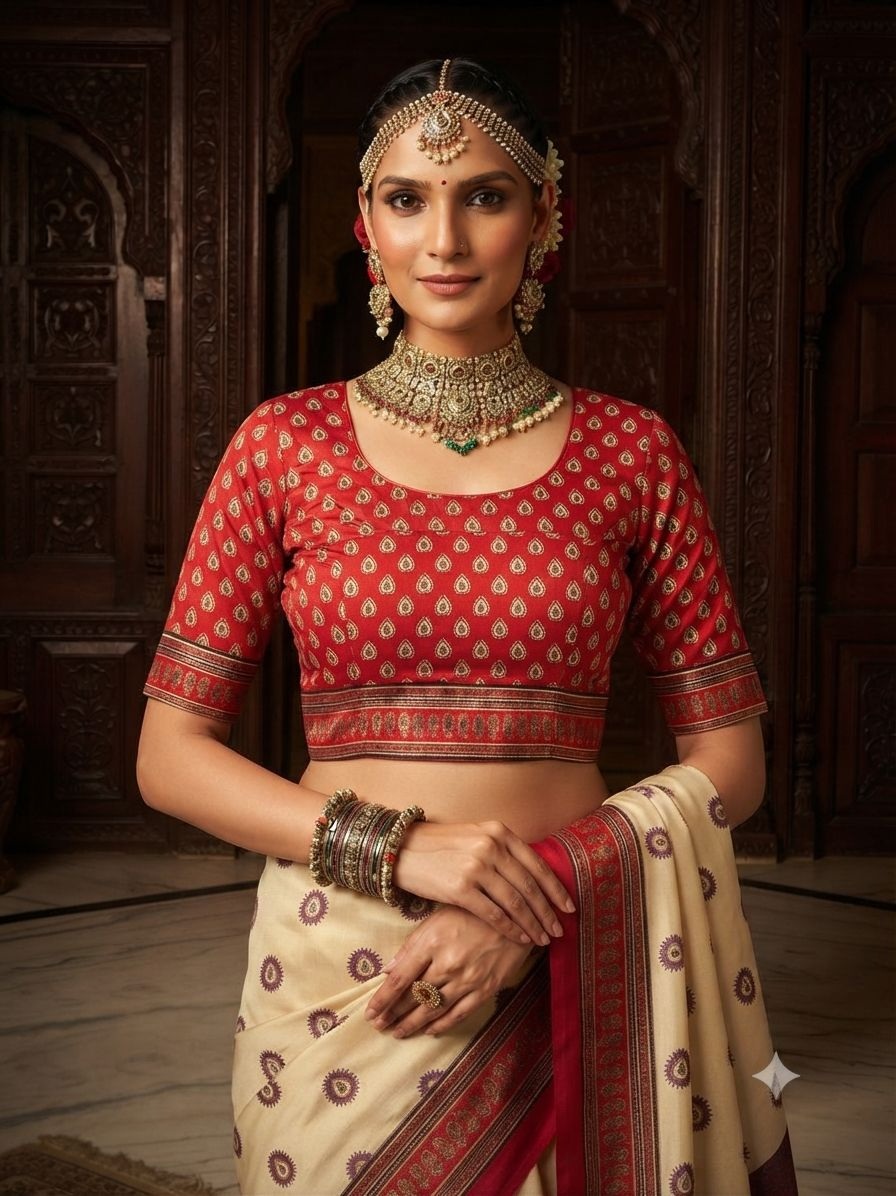 Cream Floral Printed Crepe Silk Saree