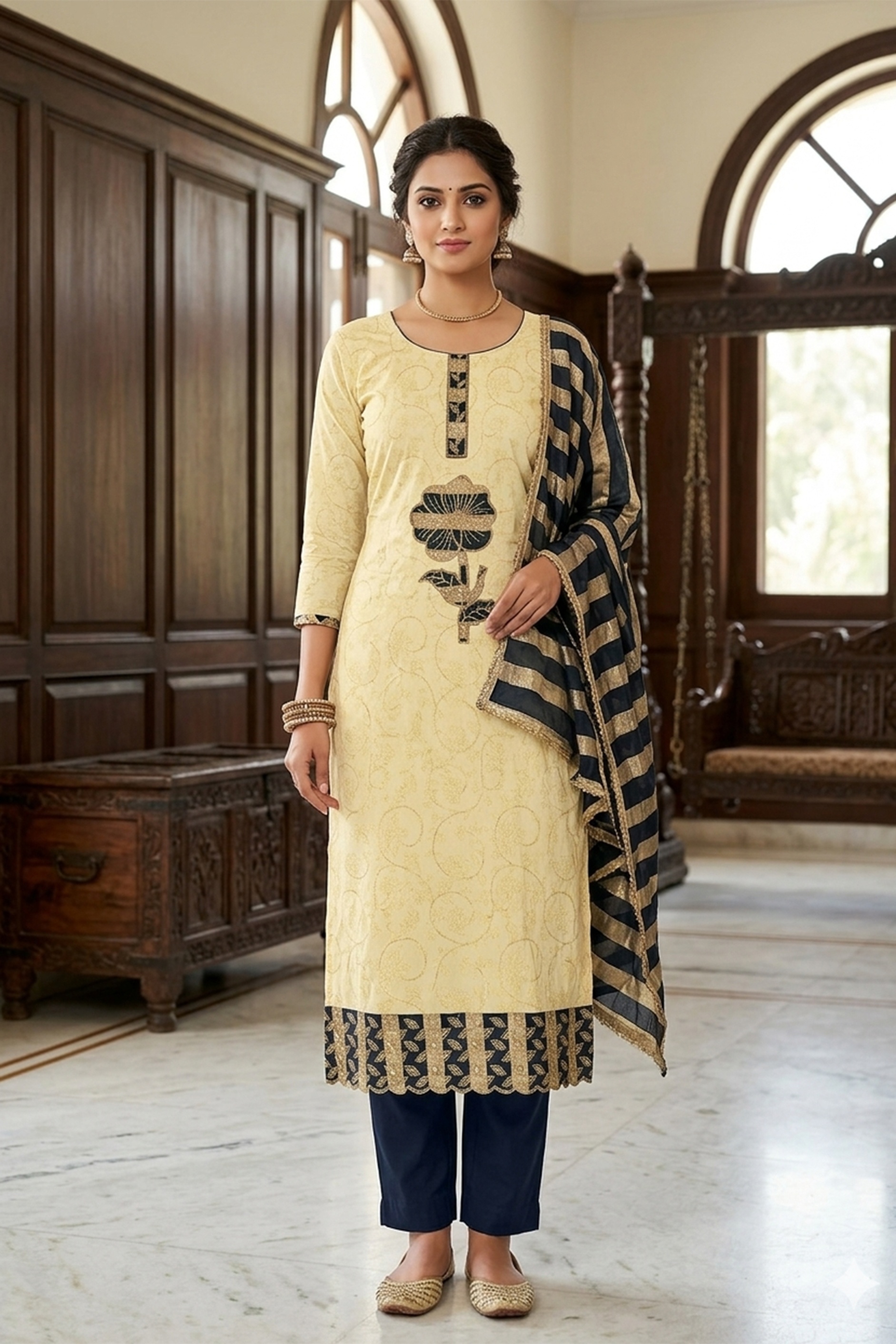 Cream Floral Printed Jam Cotton Salwar Suit