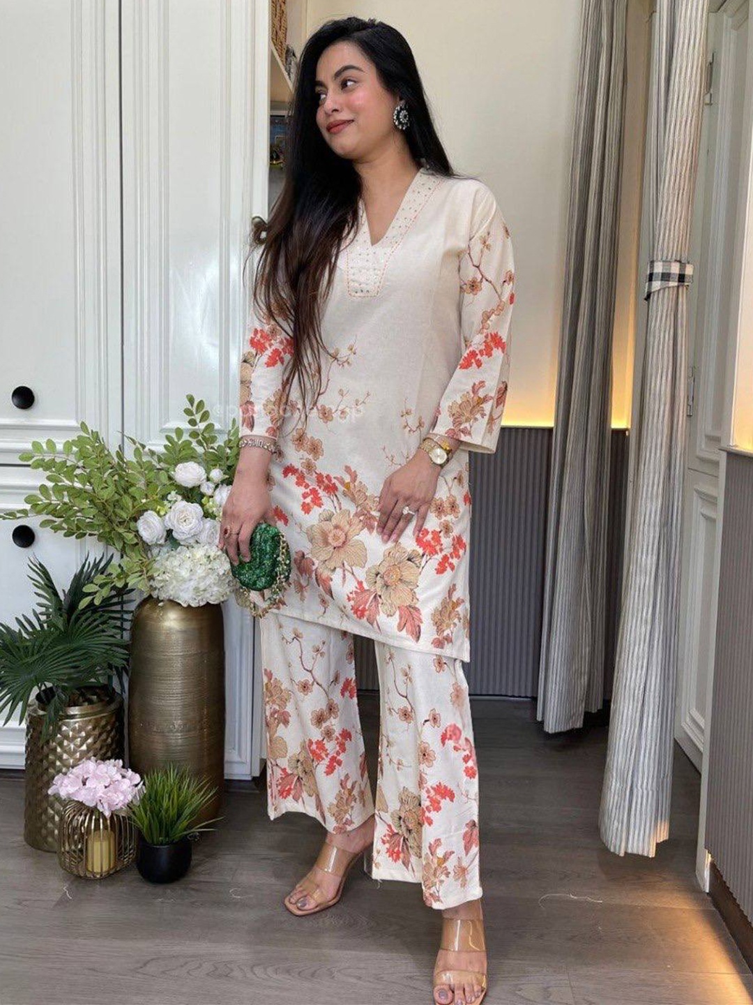 Cream Floral Printed Kurta Set