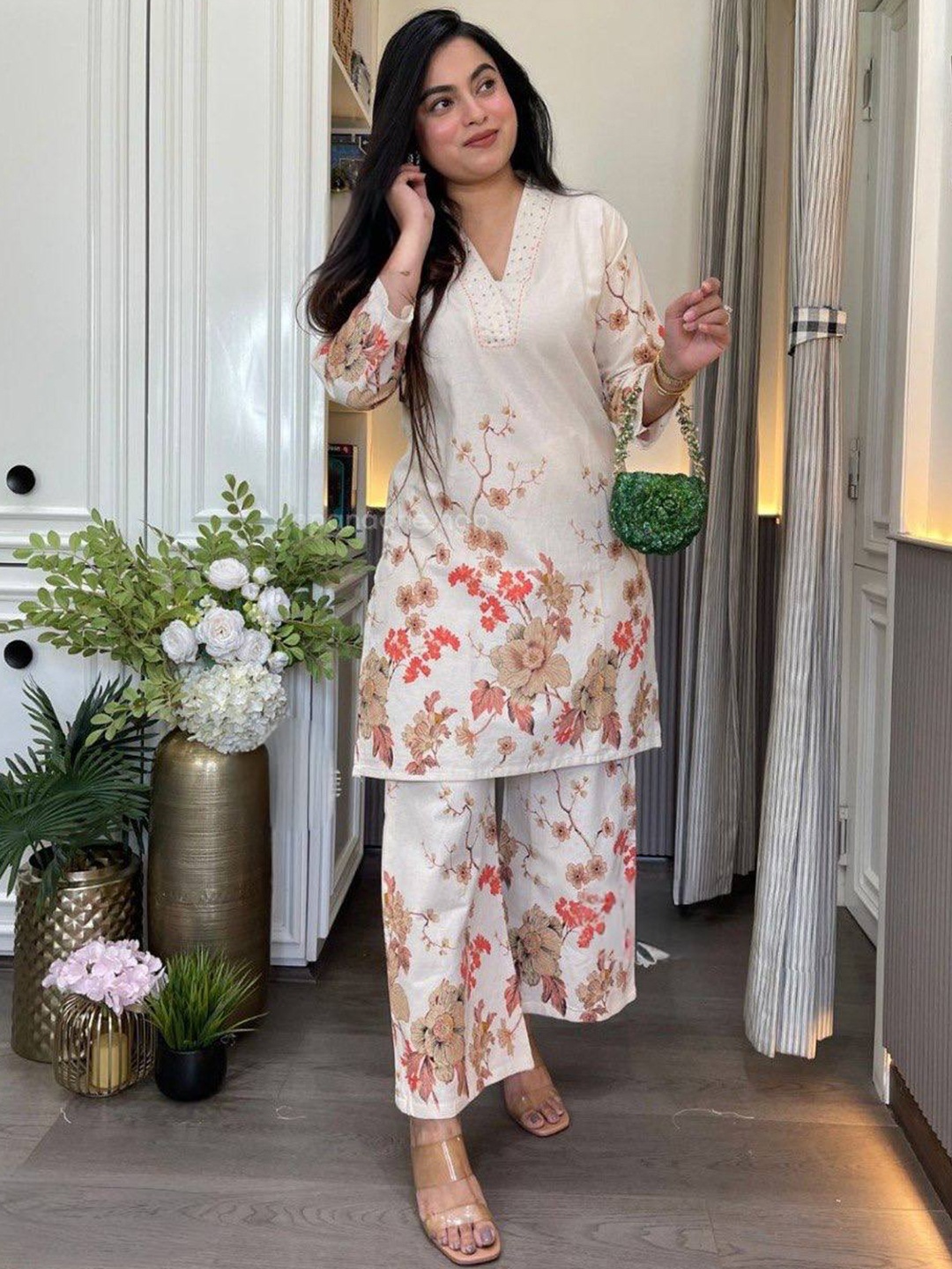 Cream Floral Printed Kurta Set