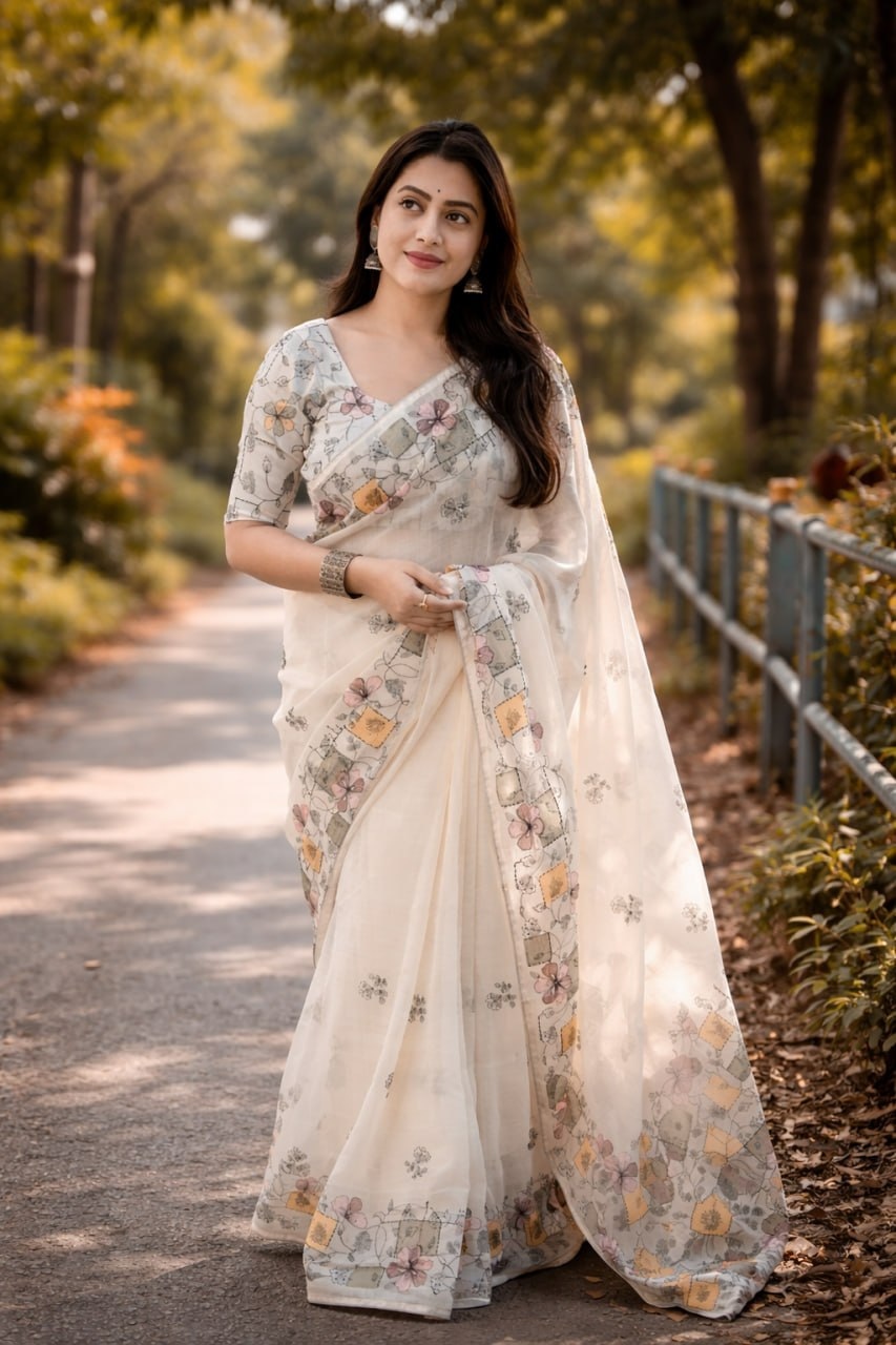 Cream Floral Printed Linen Cotton Saree