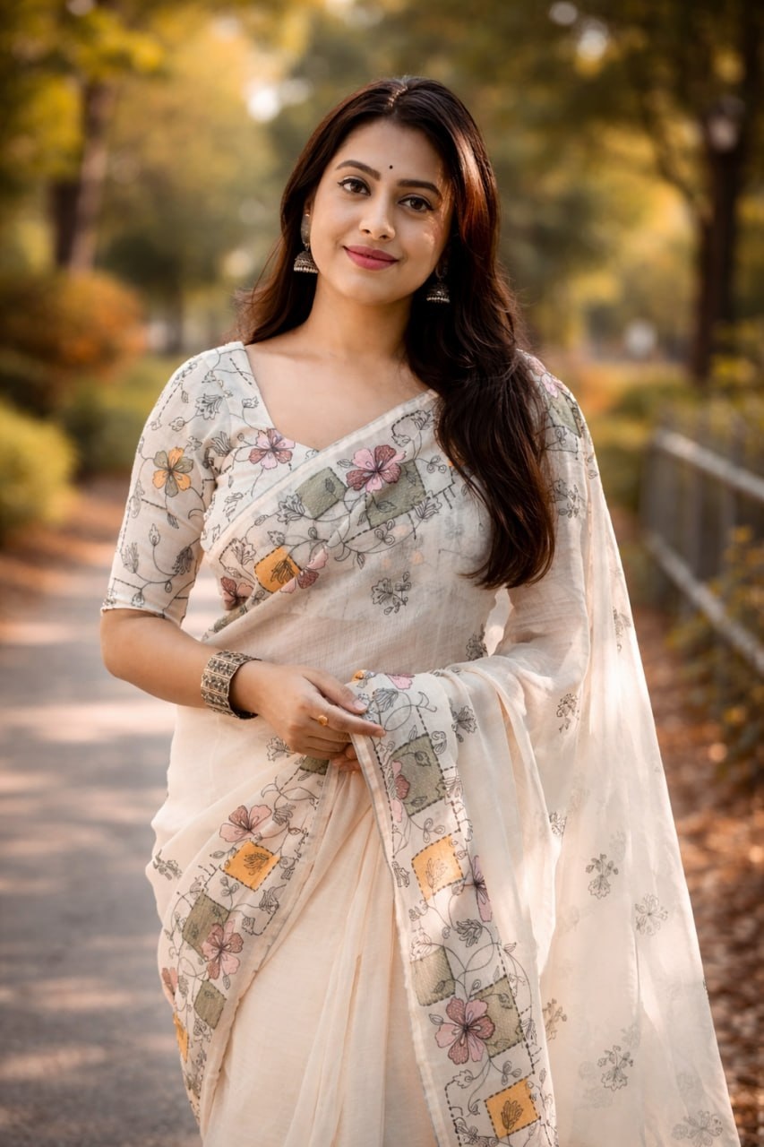 Cream Floral Printed Linen Cotton Saree — alternate view