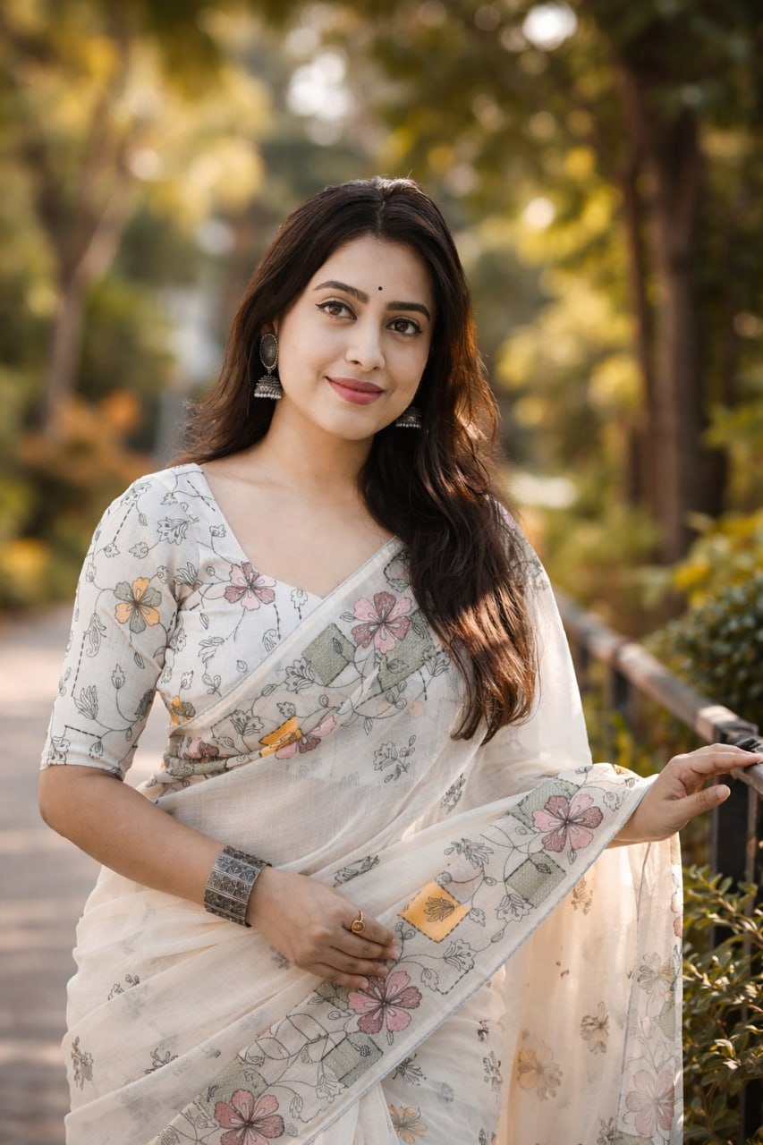 Cream Floral Printed Linen Cotton Saree