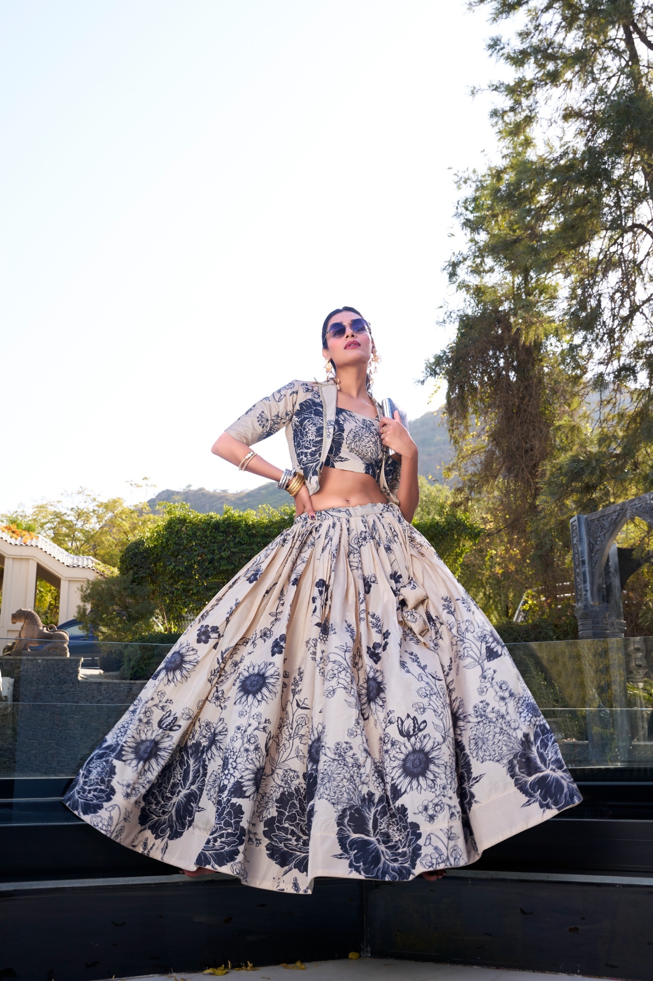 Cream Floral Printed Tussar Silk Jacket Lehenga Choli