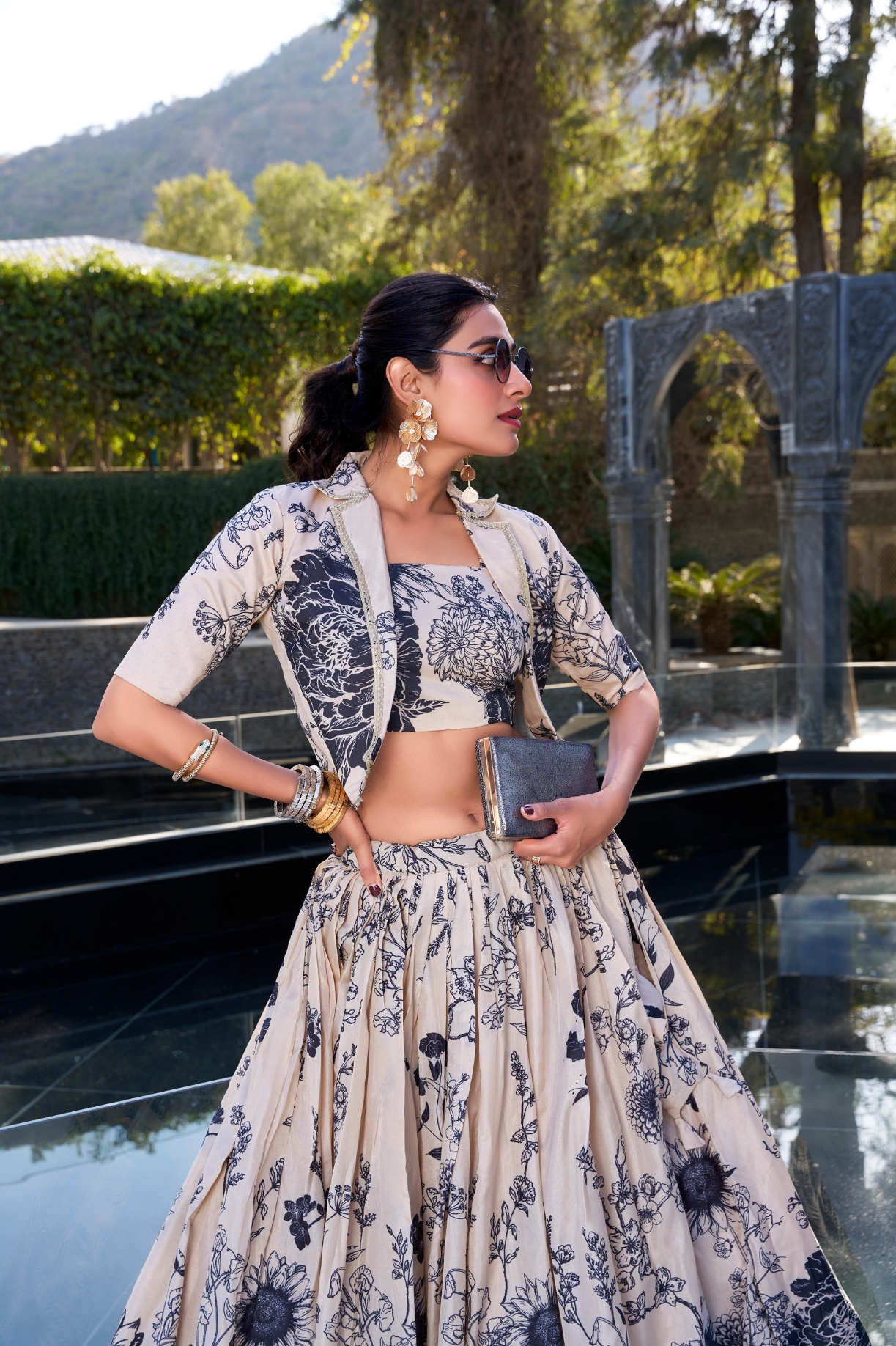 Cream Floral Printed Tussar Silk Jacket Lehenga Choli