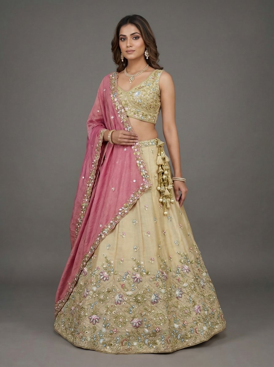 Cream Floral Sequin Tissue Bridal Lehenga Choli