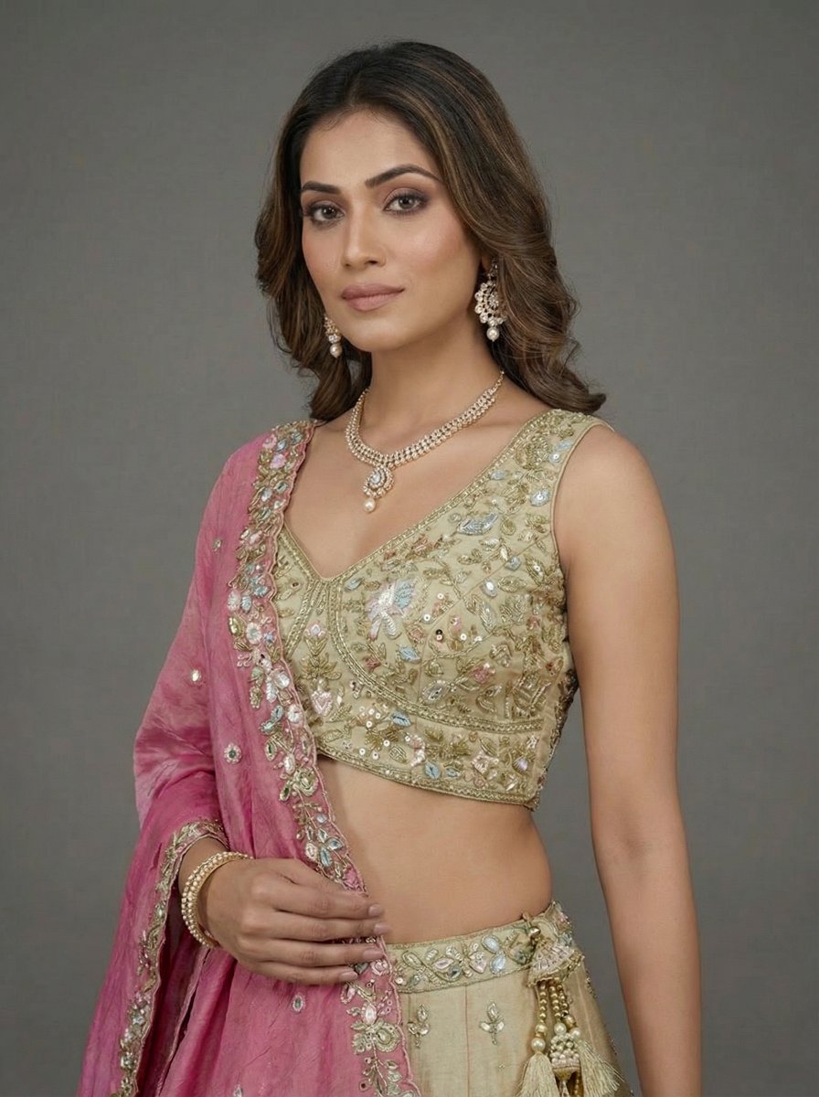 Cream Floral Sequin Tissue Bridal Lehenga Choli