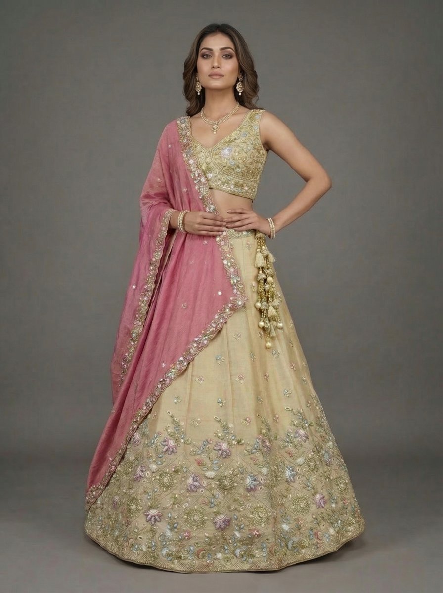 Cream Floral Sequin Tissue Bridal Lehenga Choli