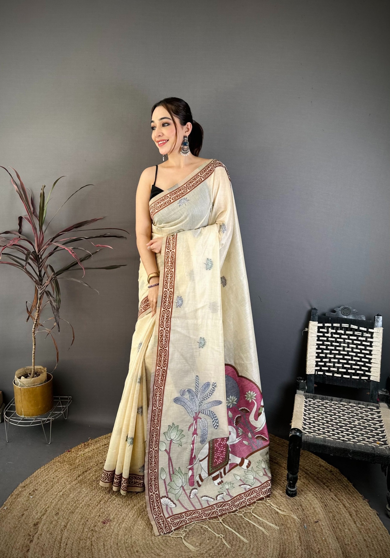 Cream Floral Weaving Muga Cotton Saree