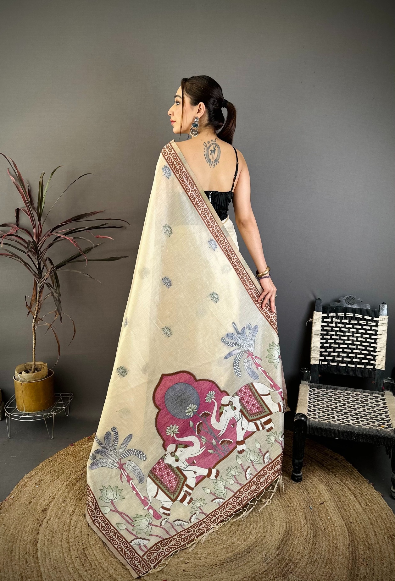 Cream Floral Weaving Muga Cotton Saree — alternate view