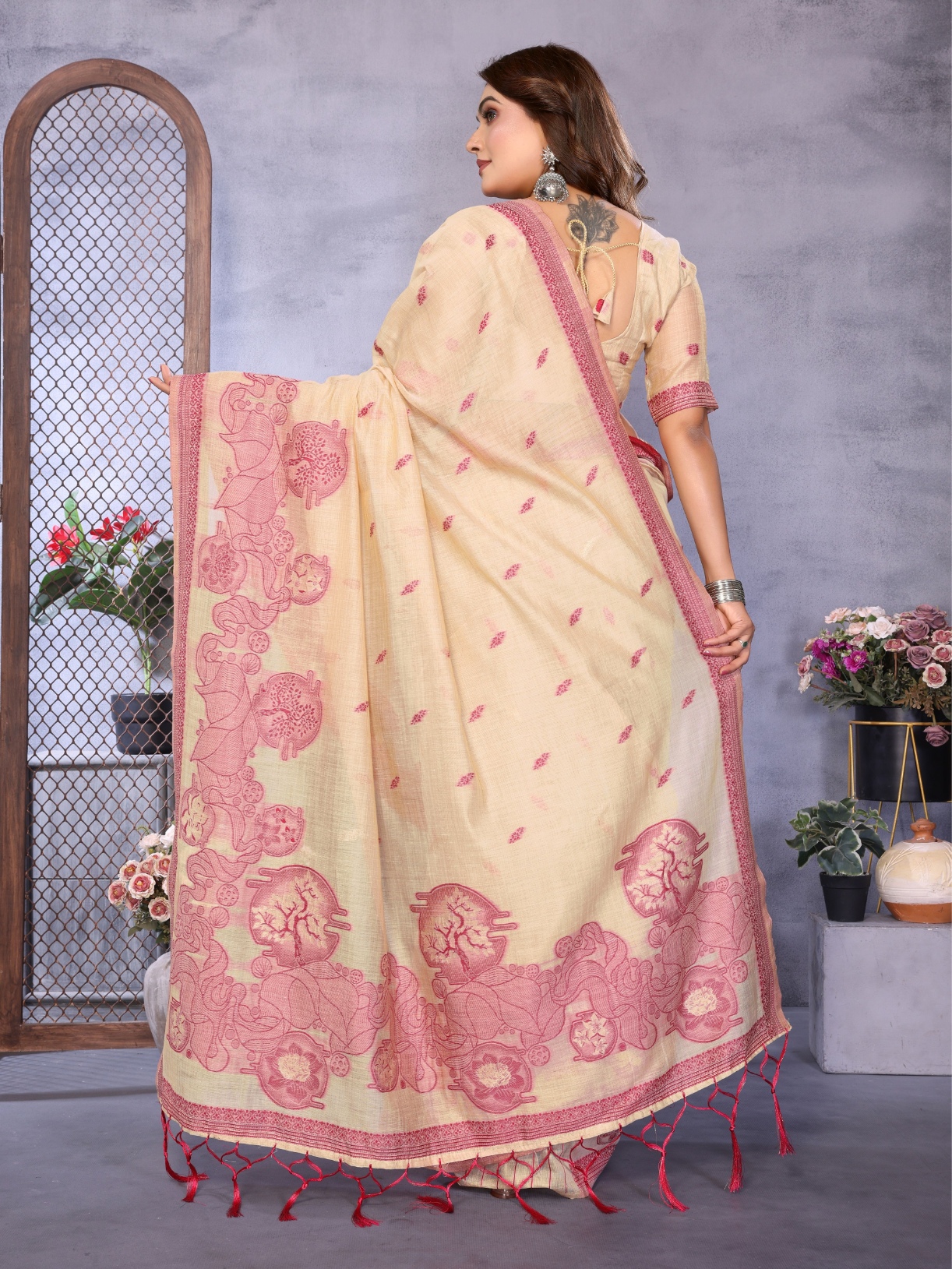 Cream Floral Weaving Spun Cotton Saree — alternate view