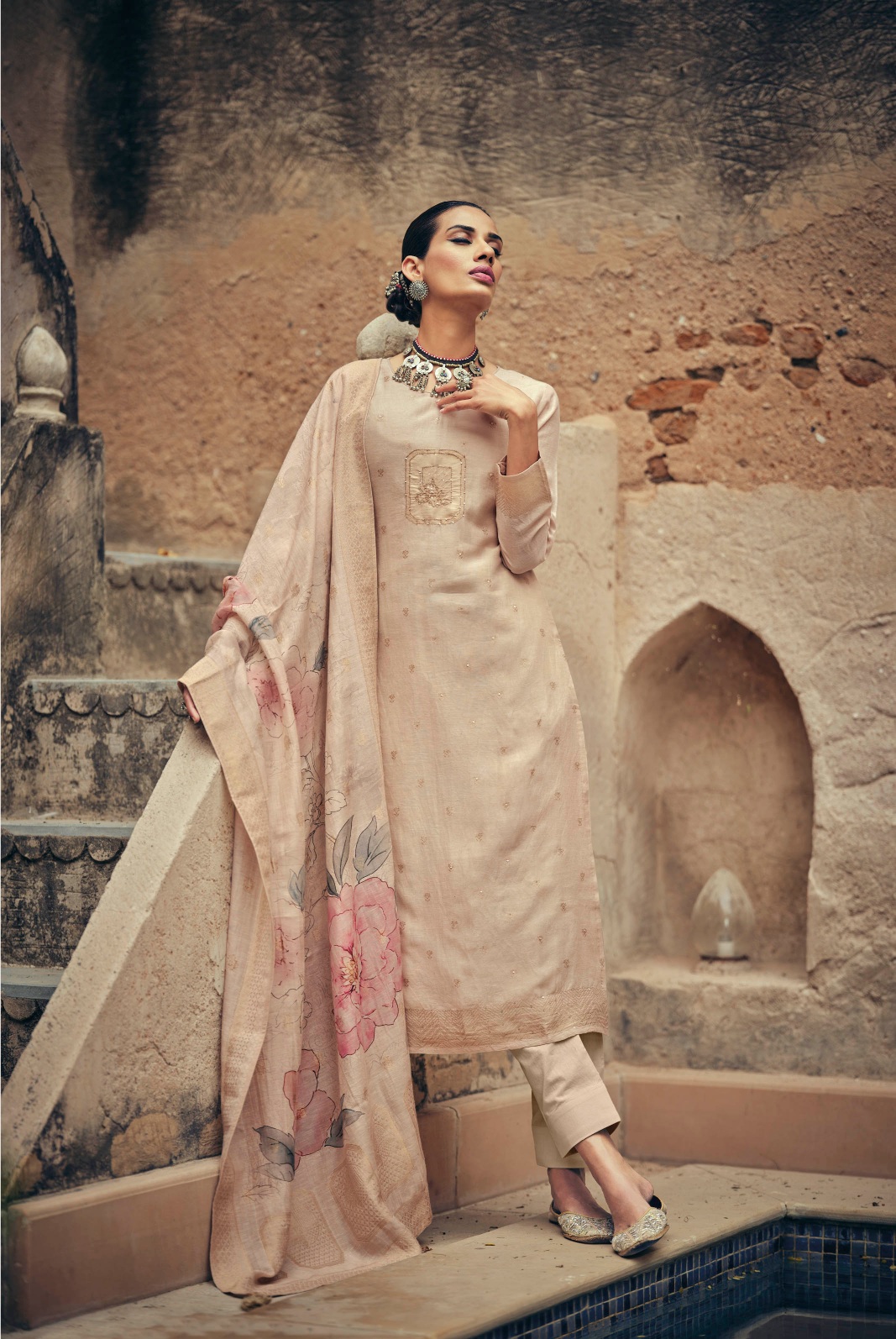 Cream Floral Woven Silk Cotton Straight Salwar Suit