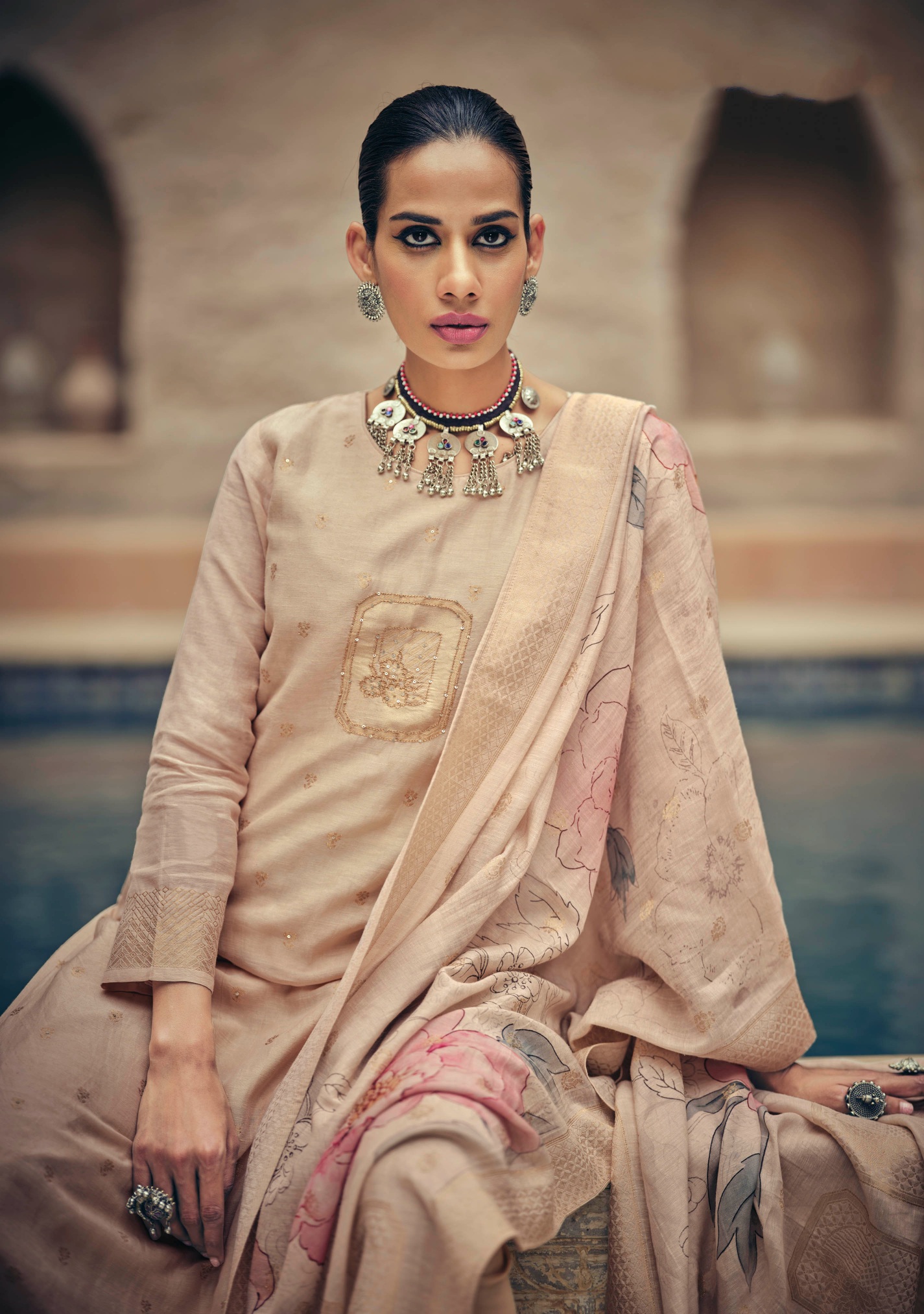 Cream Floral Woven Silk Cotton Straight Salwar Suit