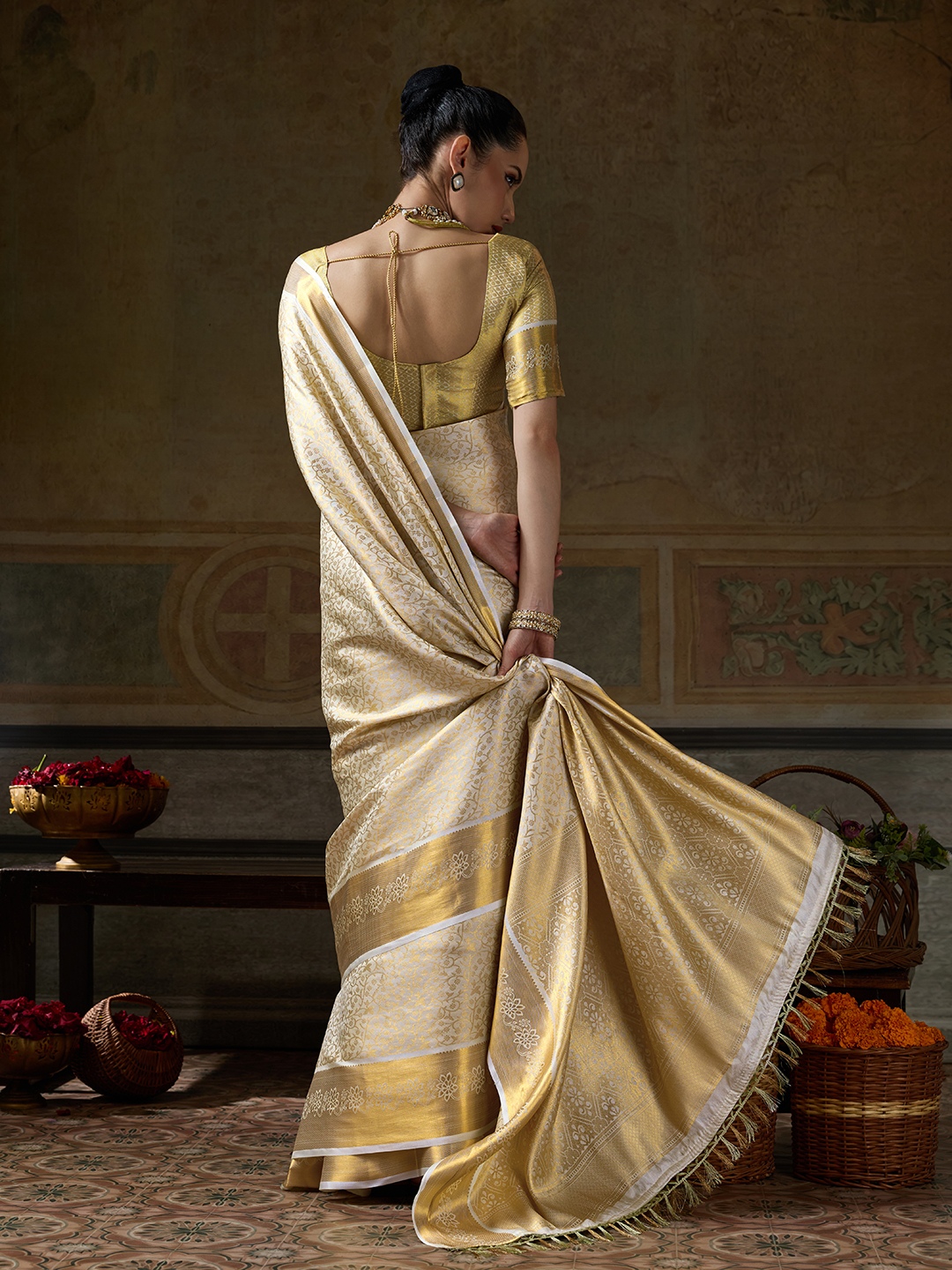 Cream Floral Woven Zari Kanchivaram Silk Saree — alternate view
