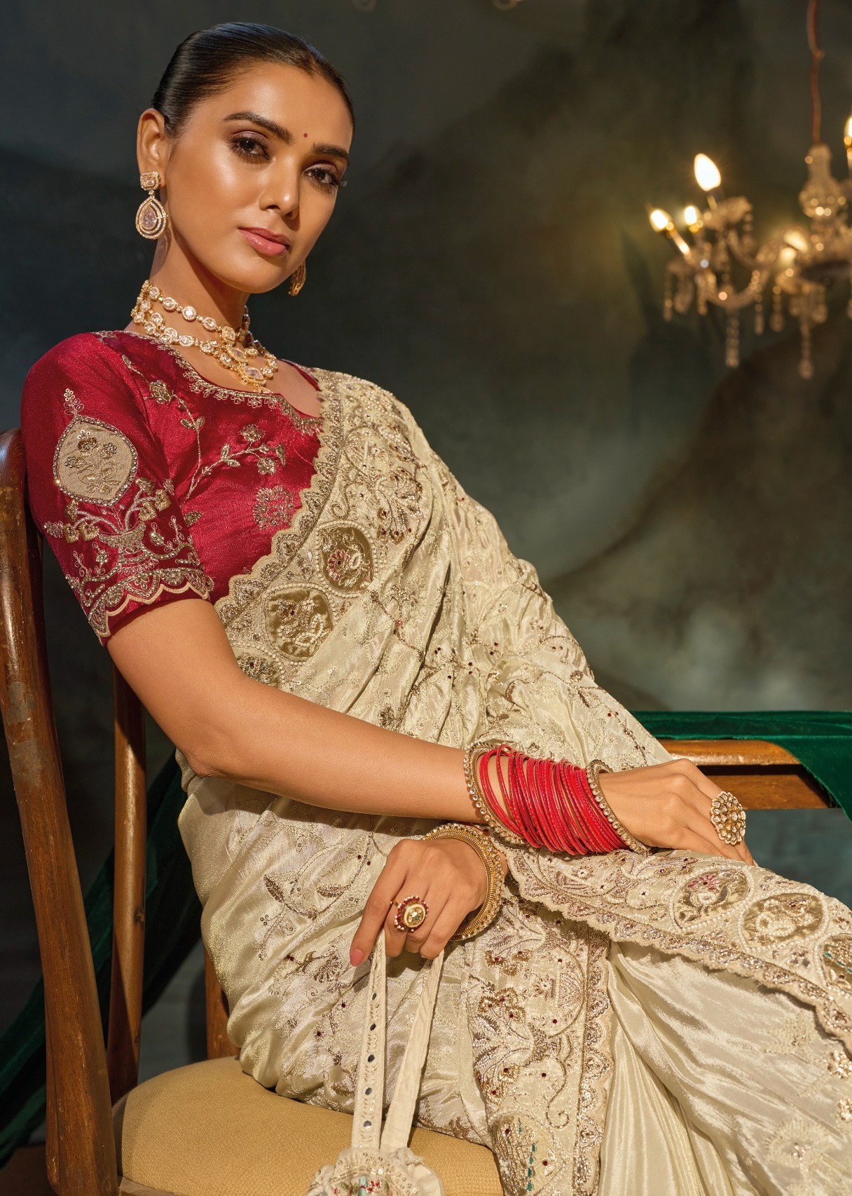 Cream Floral Zari Thread Kanjivaram Saree — alternate view