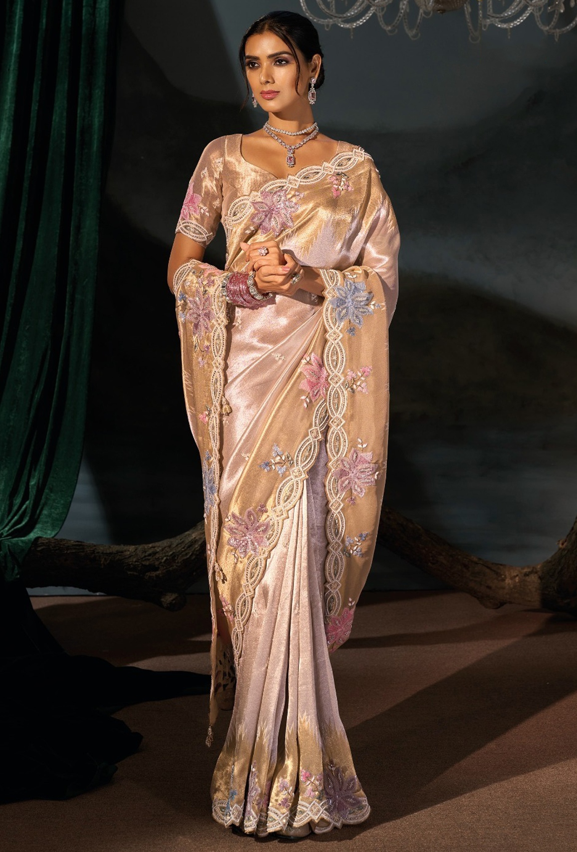Cream Floral Zari Thread Madhuri Silk Saree