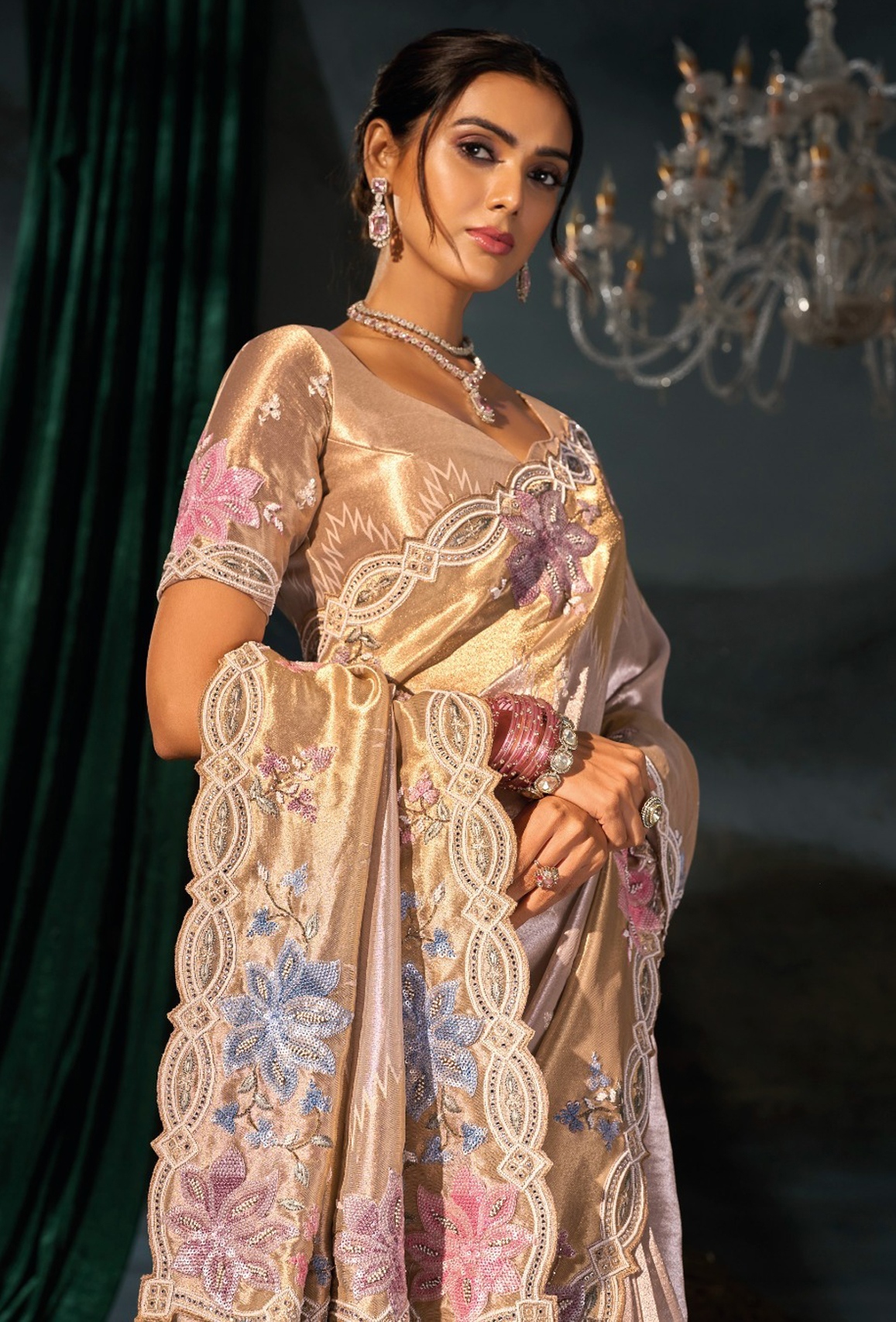 Cream Floral Zari Thread Madhuri Silk Saree — alternate view